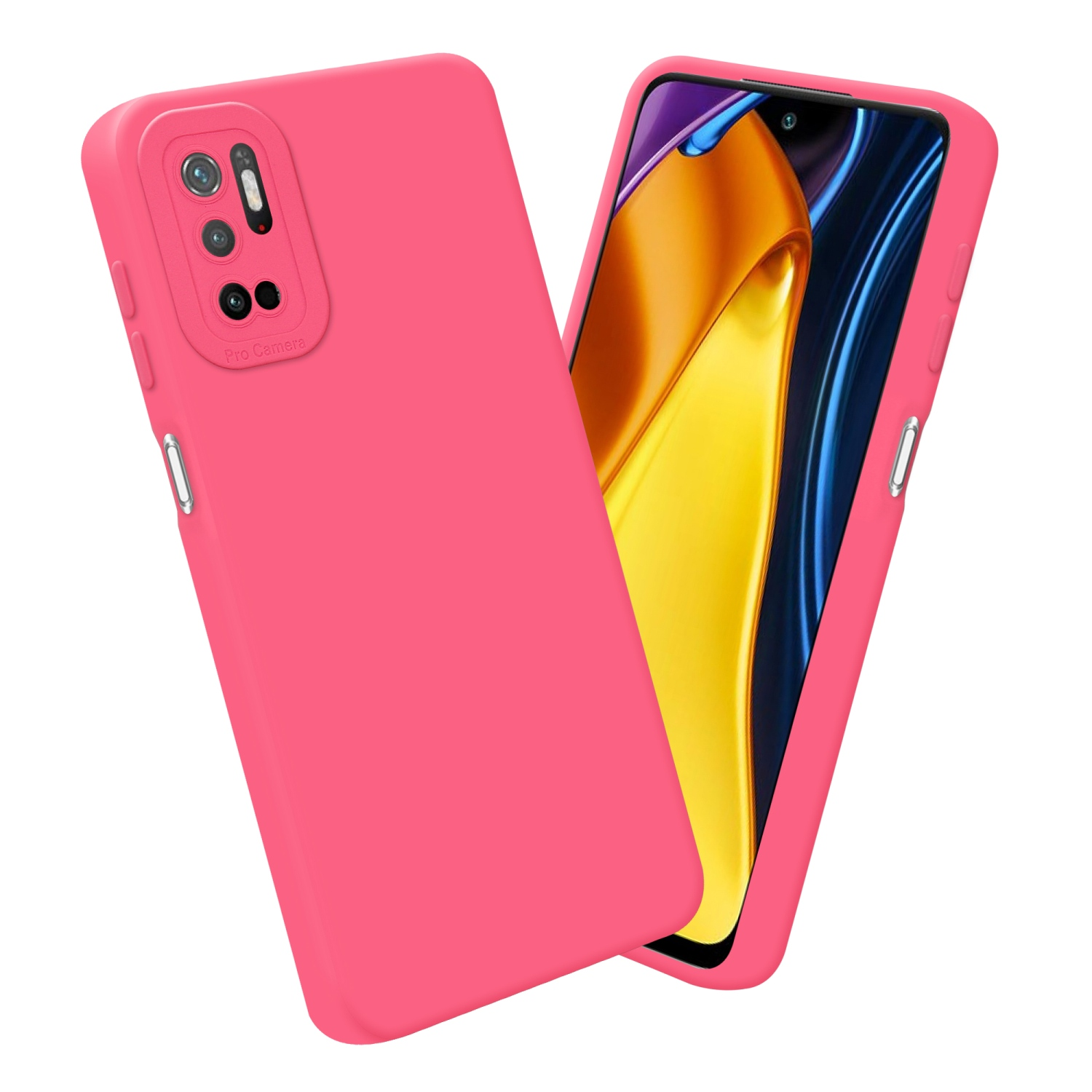 Custodia rosa per telefono con un telefono all'interno. La custodia ha un obiettivo per fotocamera professionale ed è rosa.