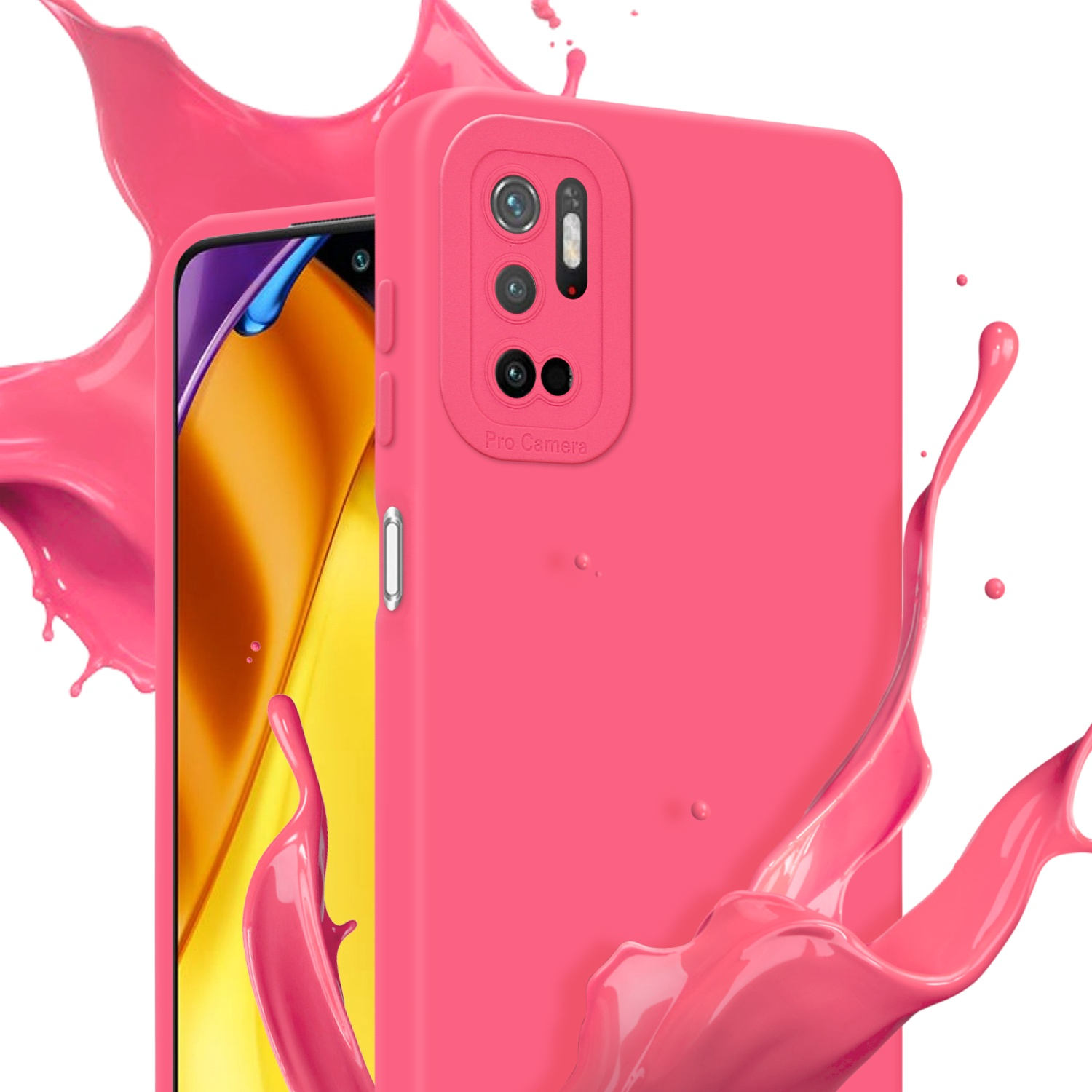 Una custodia rosa per telefono con telefono. Effetto spruzzo rosa dietro.