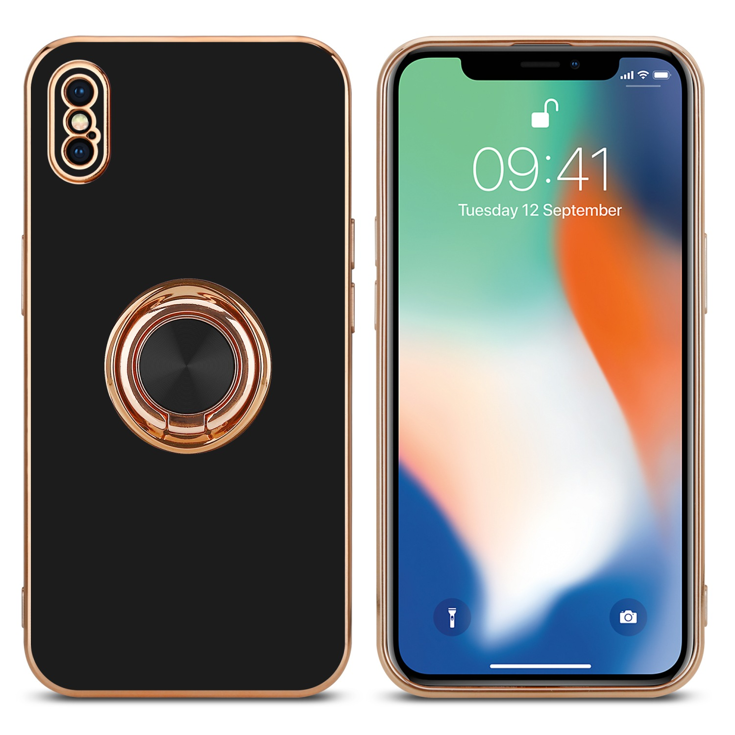 Zwei Telefone mit Hüllen. Schwarze Hülle mit Ring, und Telefondisplay mit Oberfläche.