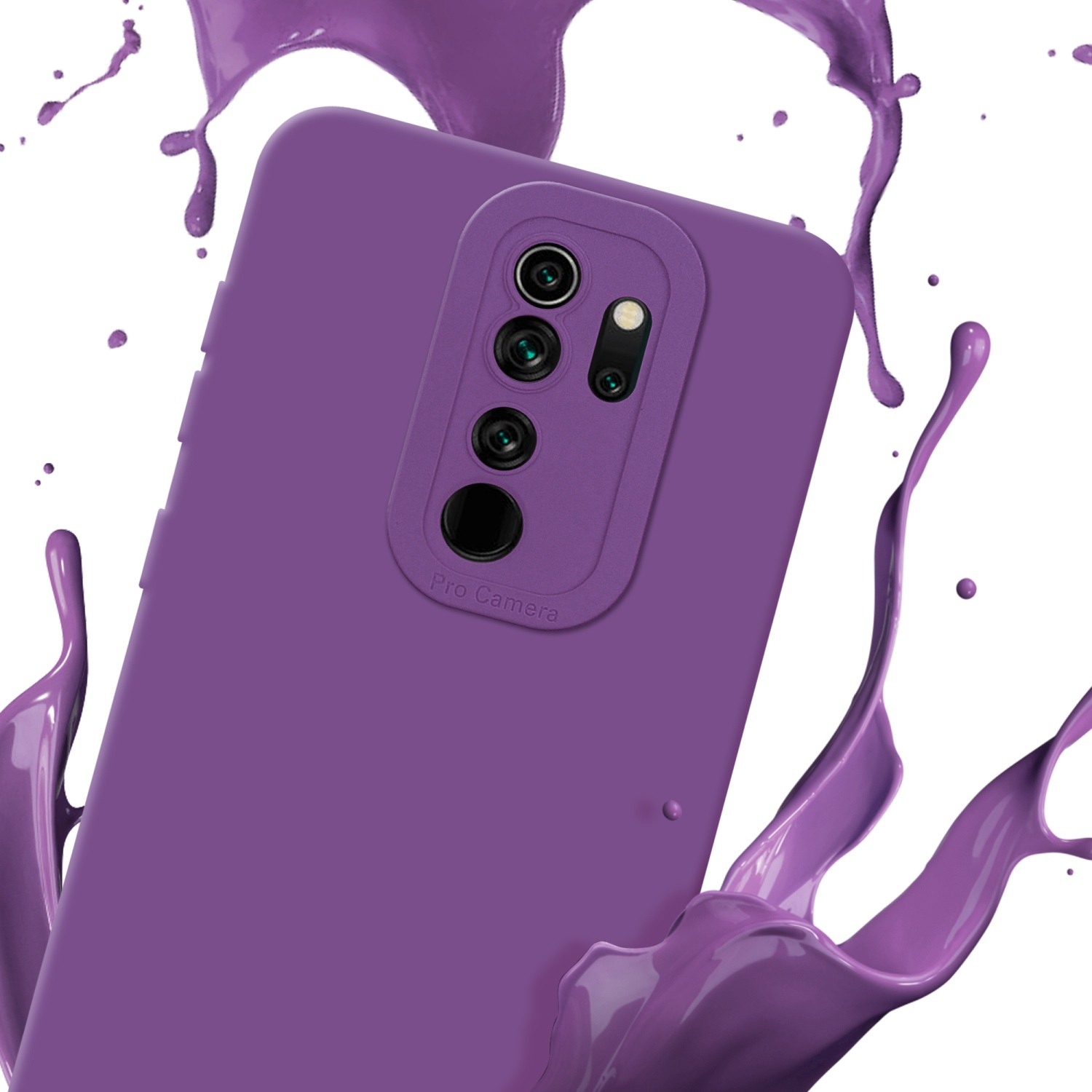 Una custodia per telefono viola con un telefono. Schizzi di liquido viola intorno alla custodia. Il telefono ha tre fotocamere.