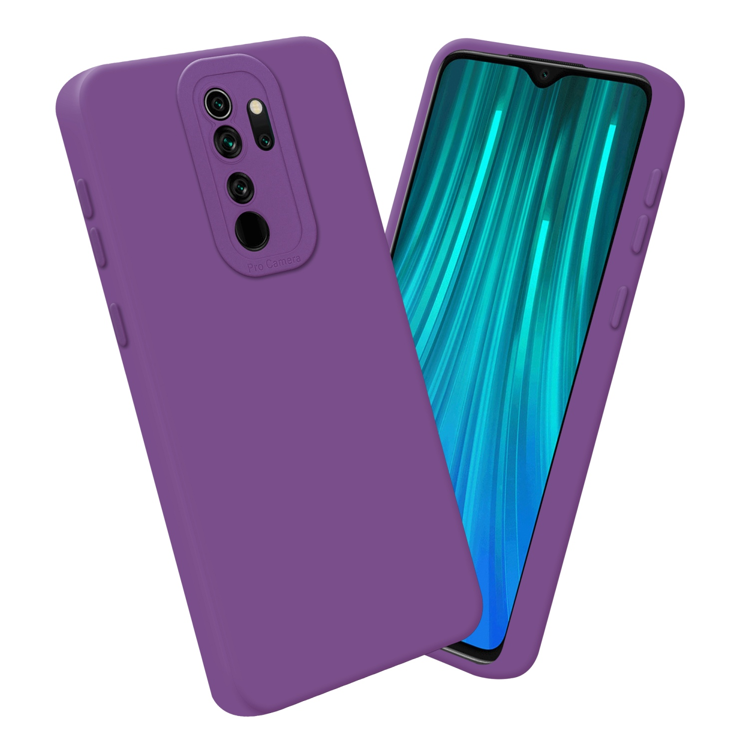 Custodia viola per telefono su superficie bianca. Vista frontale dello schermo e vista laterale con area fotocamera.