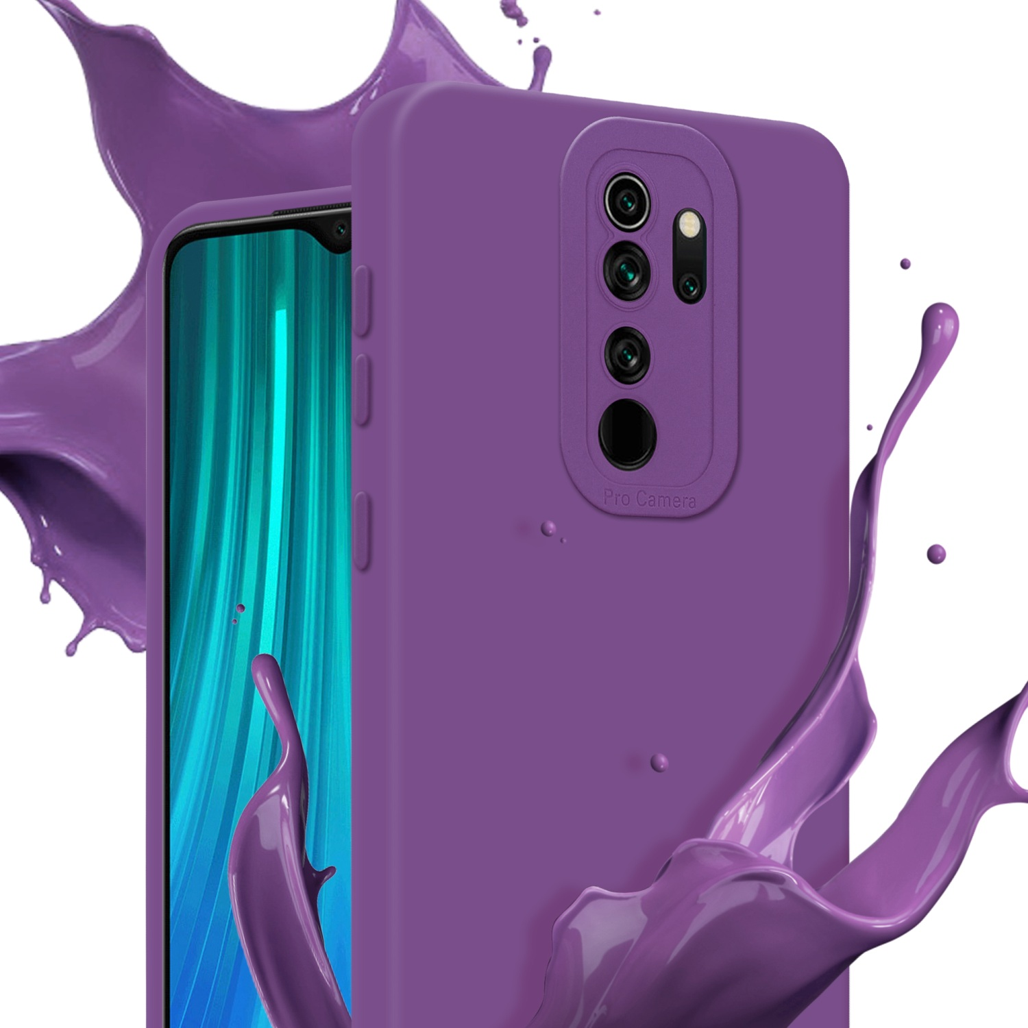 Custodia viola per telefono con un telefono, circondata da schizzi di vernice viola. Lo schermo del telefono è visibile.