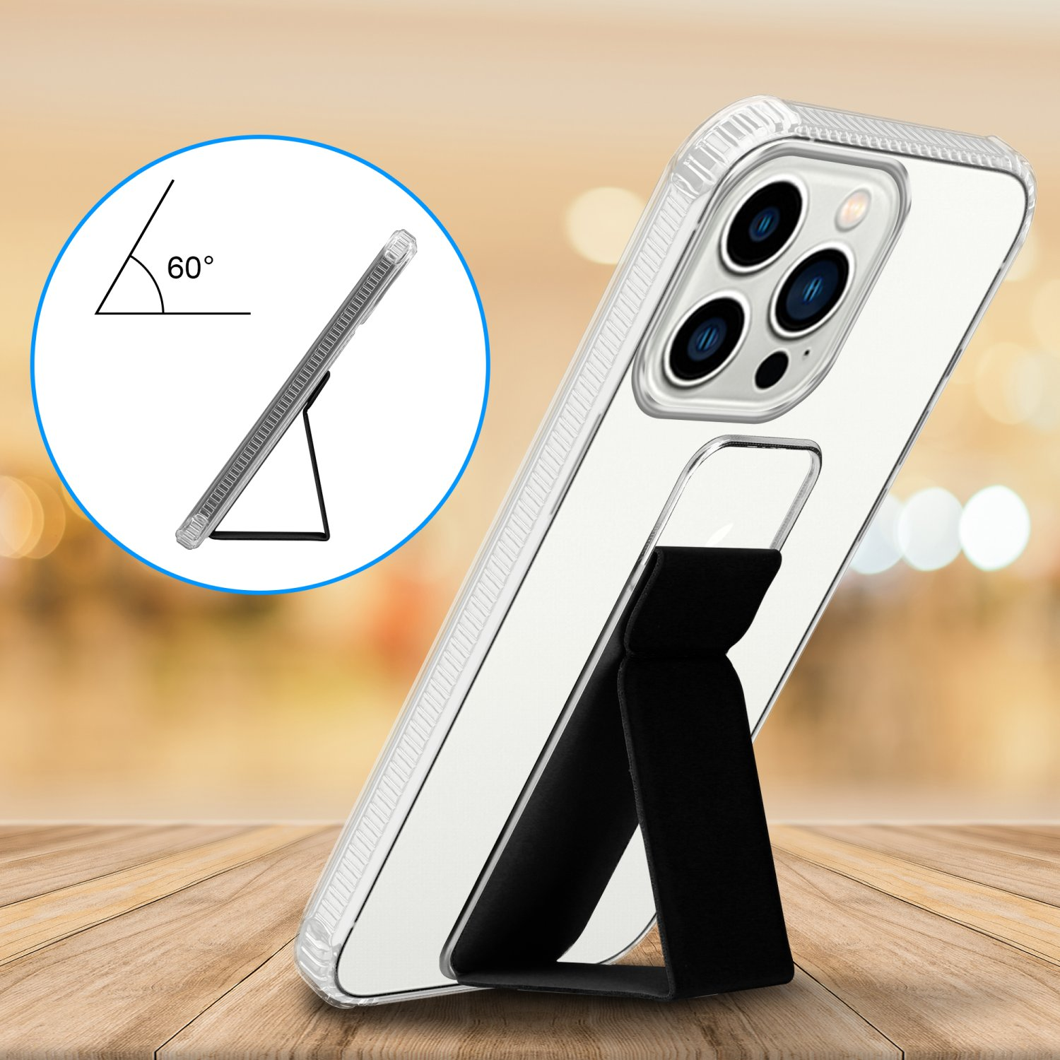 Telefon in klarer Hülle auf Holztisch, Ständer mit 60°-Winkel.