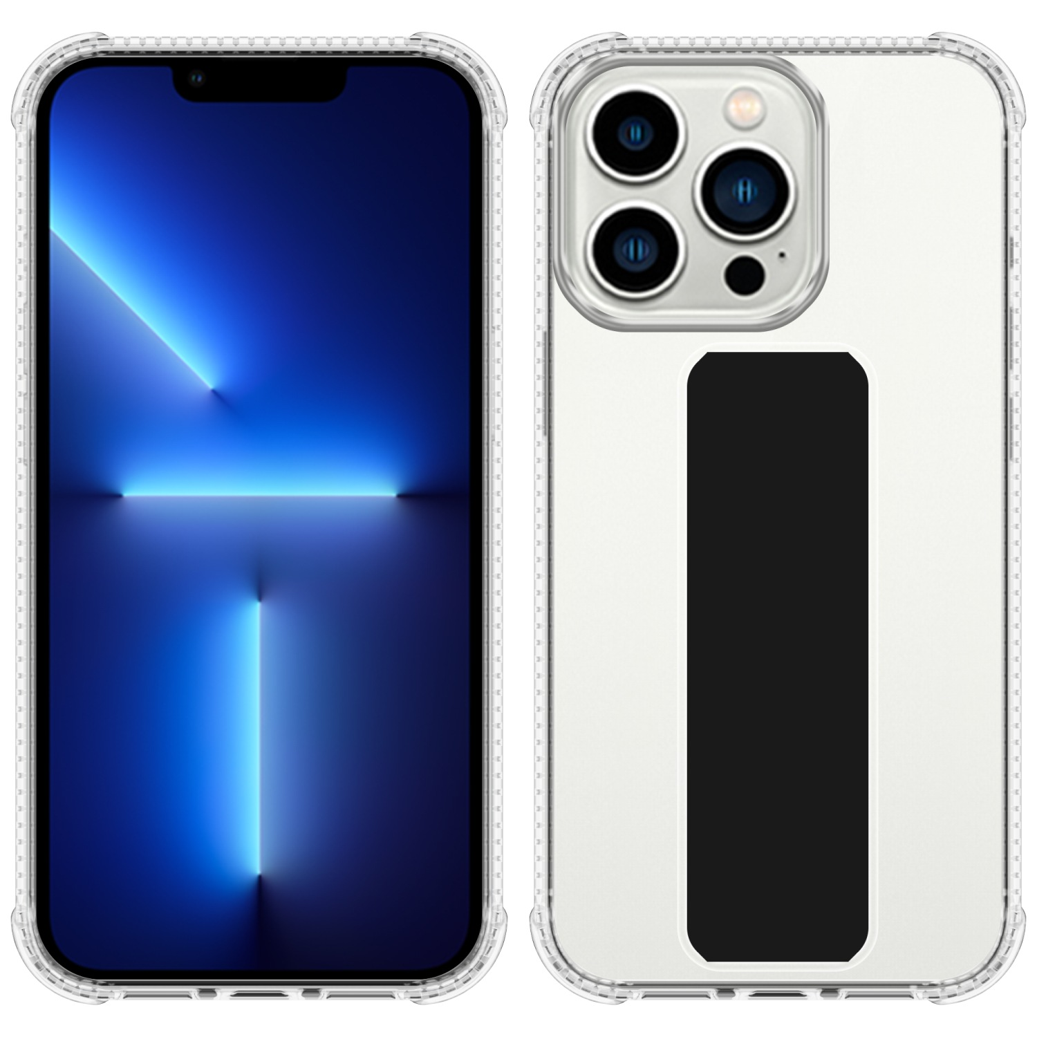 Ein Smartphone, Vorder- und Rückansicht. Klare Hülle, schwarzer Bildschirm und ein schwarzes Rechteck auf der Rückseite.