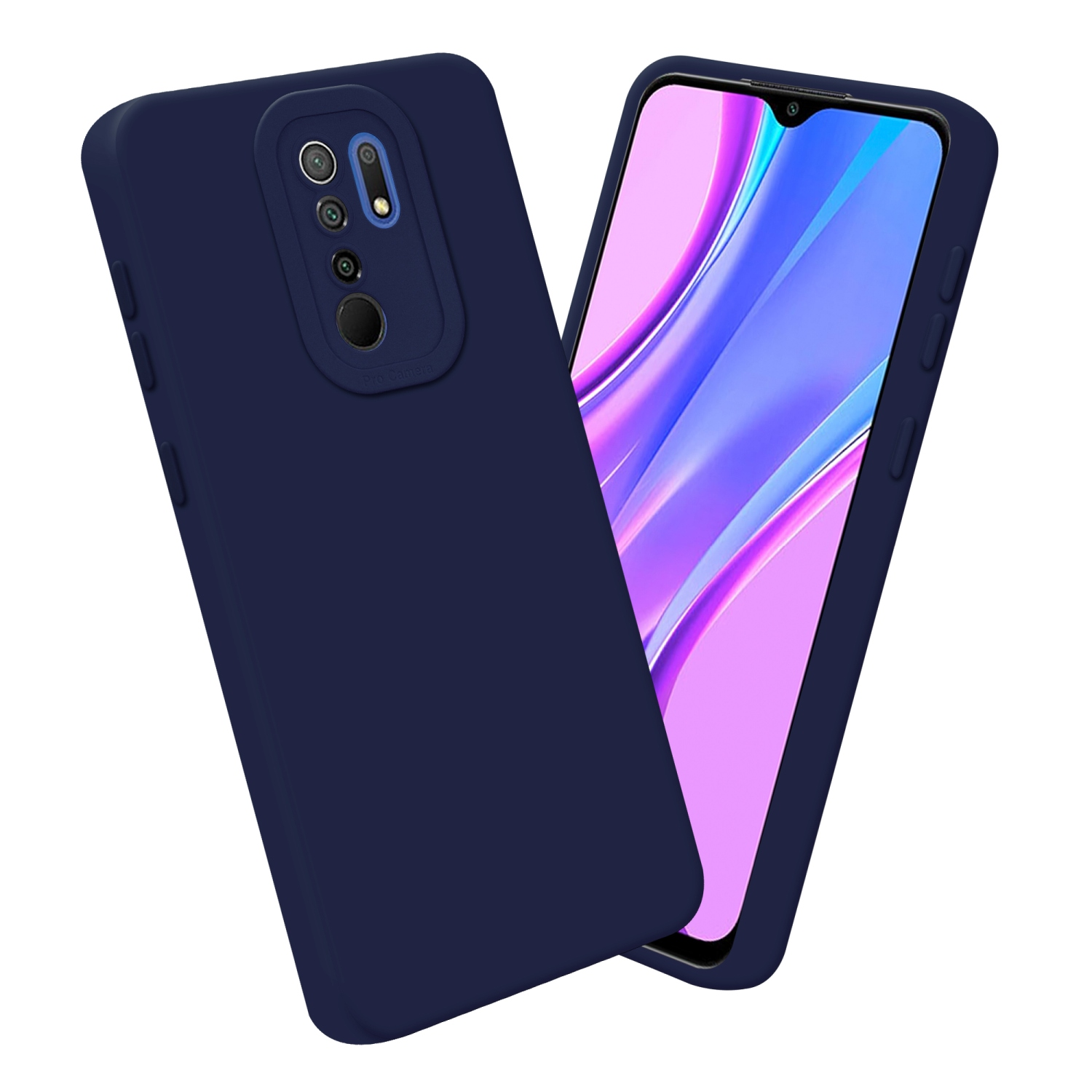Due custodie blu navy, una angolata per mostrare lo schermo, l'altra il retro.