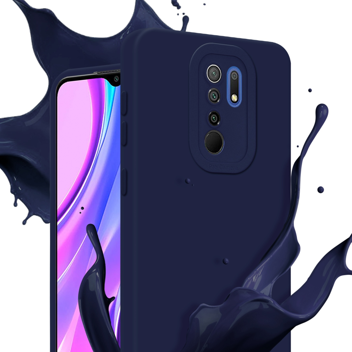 Custodia blu scuro con telefono. Schizzo di vernice blu scuro sullo sfondo.