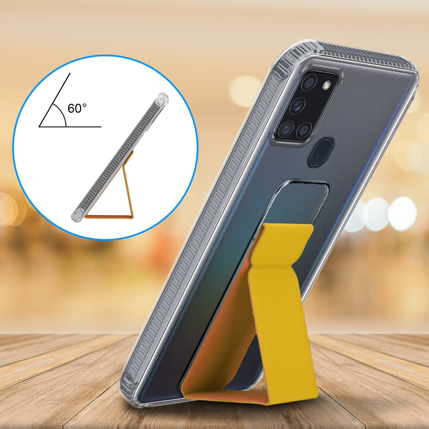 Ein Telefon in einer transparenten Hülle, abgewinkelt mit einem gelben Ständer. Zeigt einen 60-Grad-Winkel.