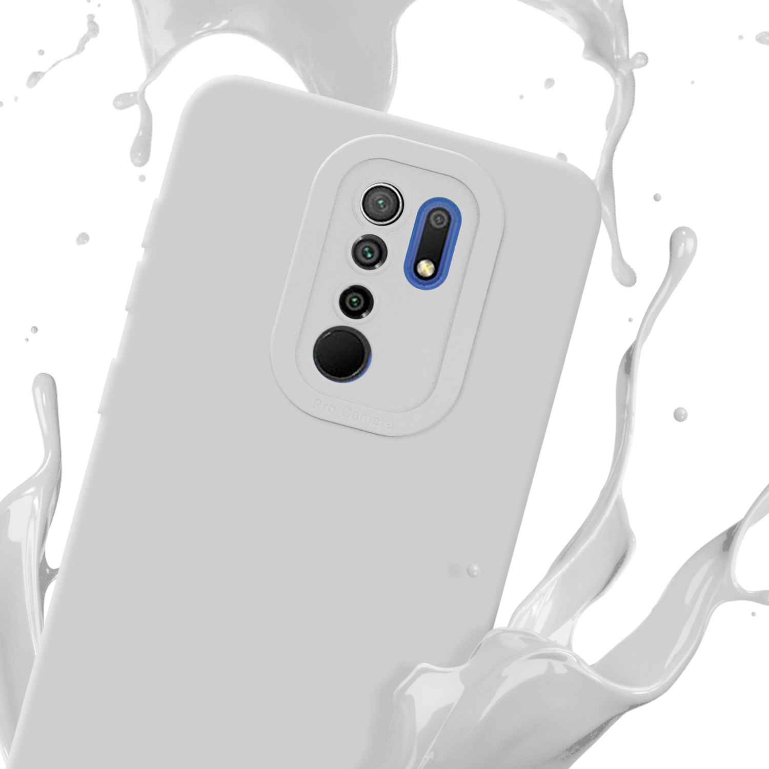 Custodia per telefono bianca con spruzzi di vernice bianca, mostra il design della fotocamera.