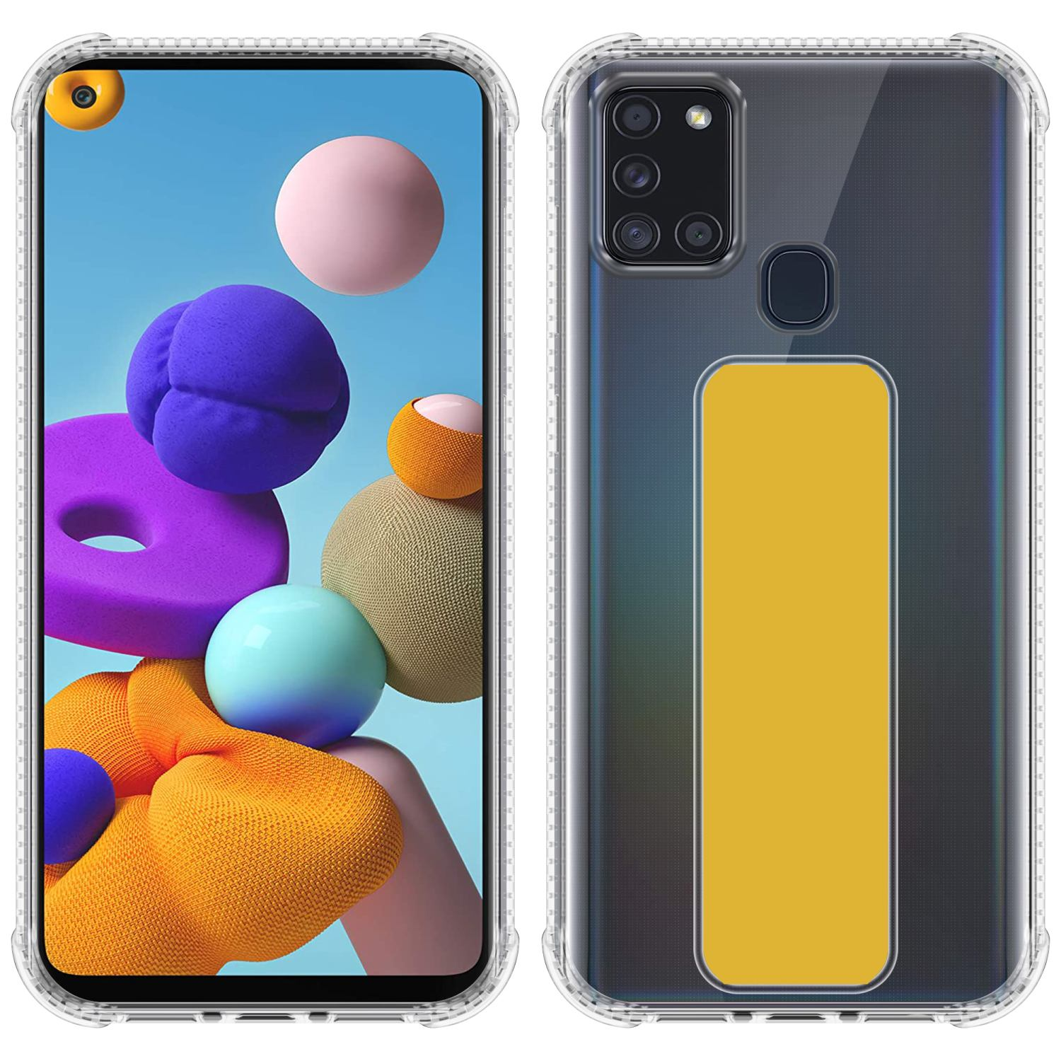 Eine transparente Handyhülle mit einem Telefon darin. Das Telefon zeigt bunte abstrakte Formen und ein gelbes Rechteck.