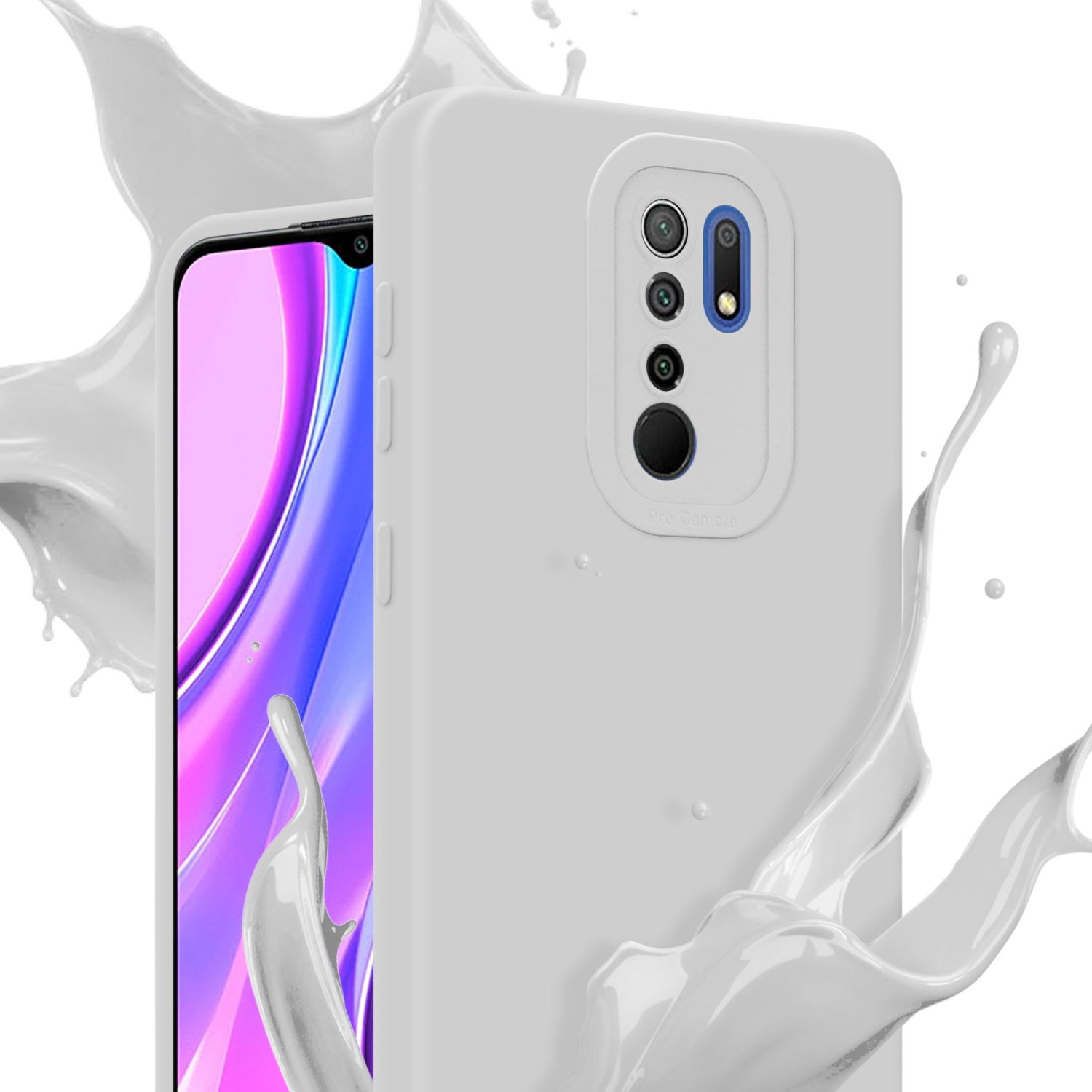 Custodia bianca con schizzo bianco. Un telefono è dentro la custodia.