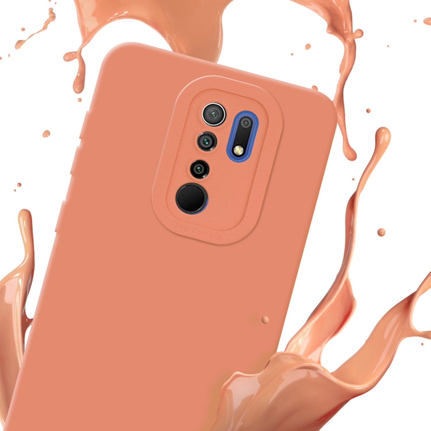 Une coque de téléphone corail avec un objectif Pro Camera, avec de la peinture corail éclaboussée autour sur fond blanc.