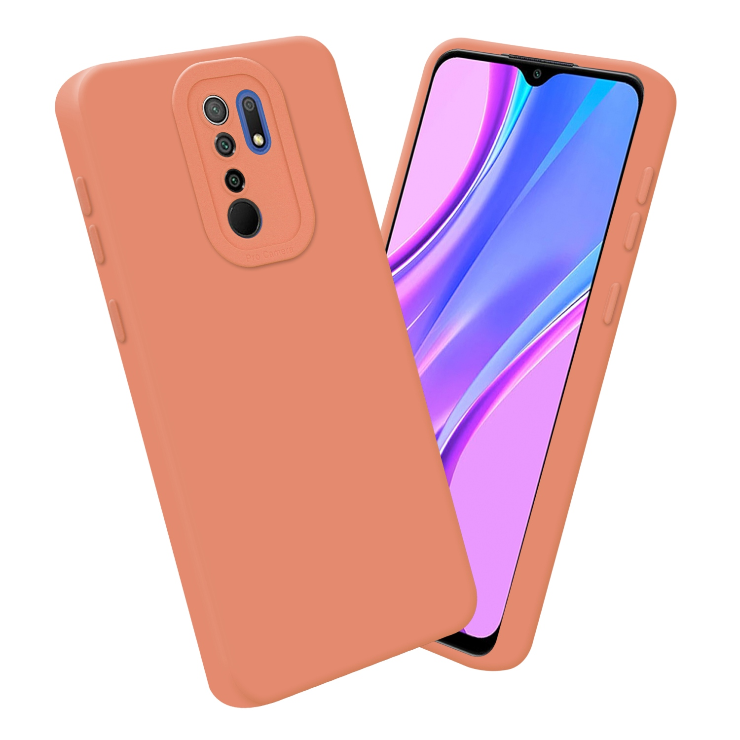 Deux coques et téléphones oranges sur fond blanc. Une coque est inclinée, l'autre montre l'écran du téléphone.