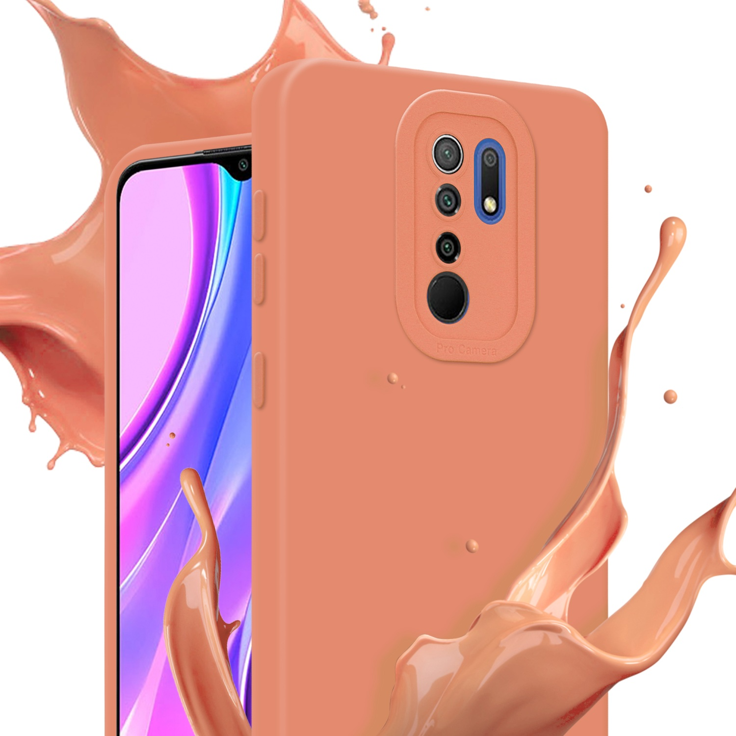 Coque de téléphone pêche avec éclaboussure pêche. Triple caméra. Le téléphone a un écran violet.