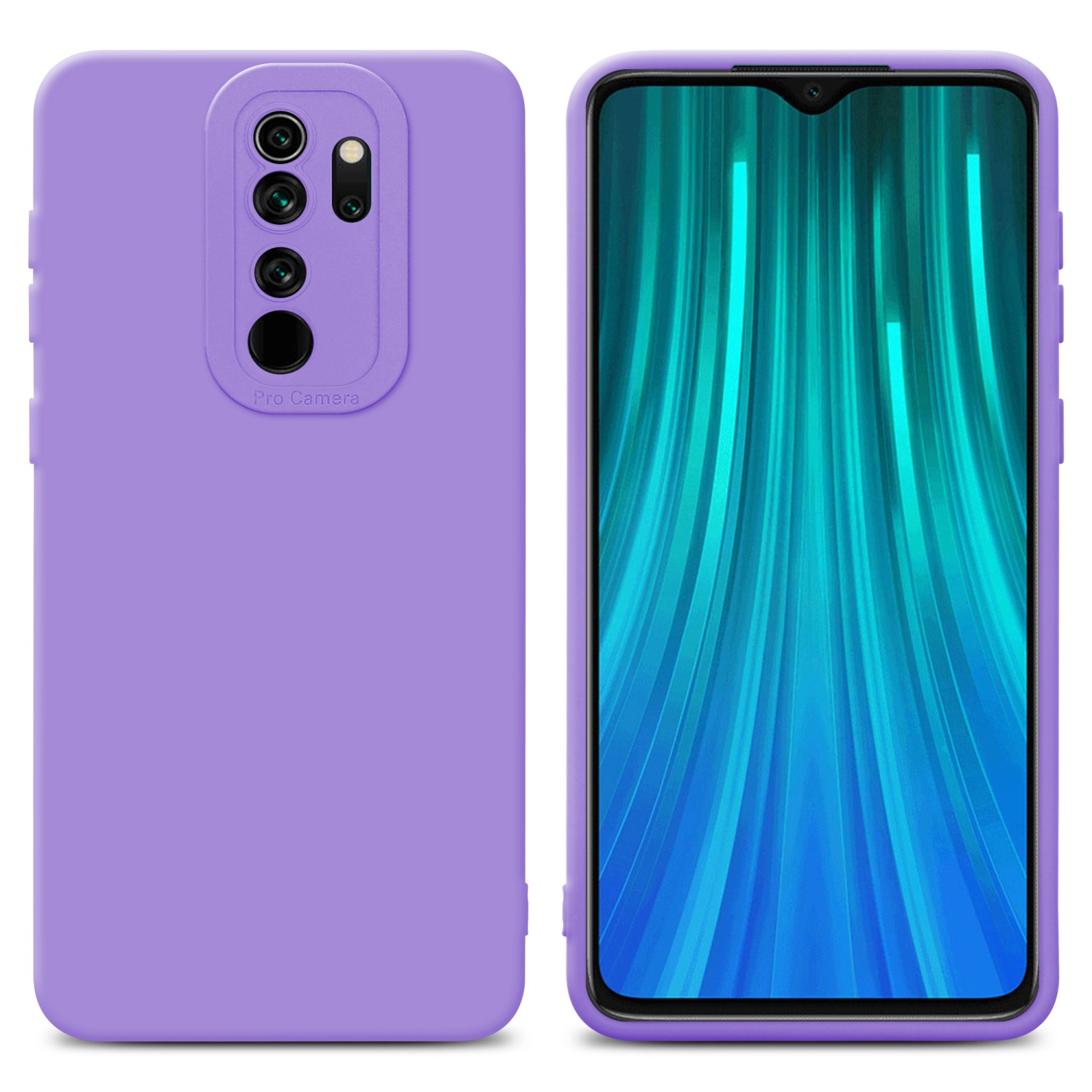 Una custodia per telefono viola e un telefono uno accanto all'altro, con schermo blu a motivi.