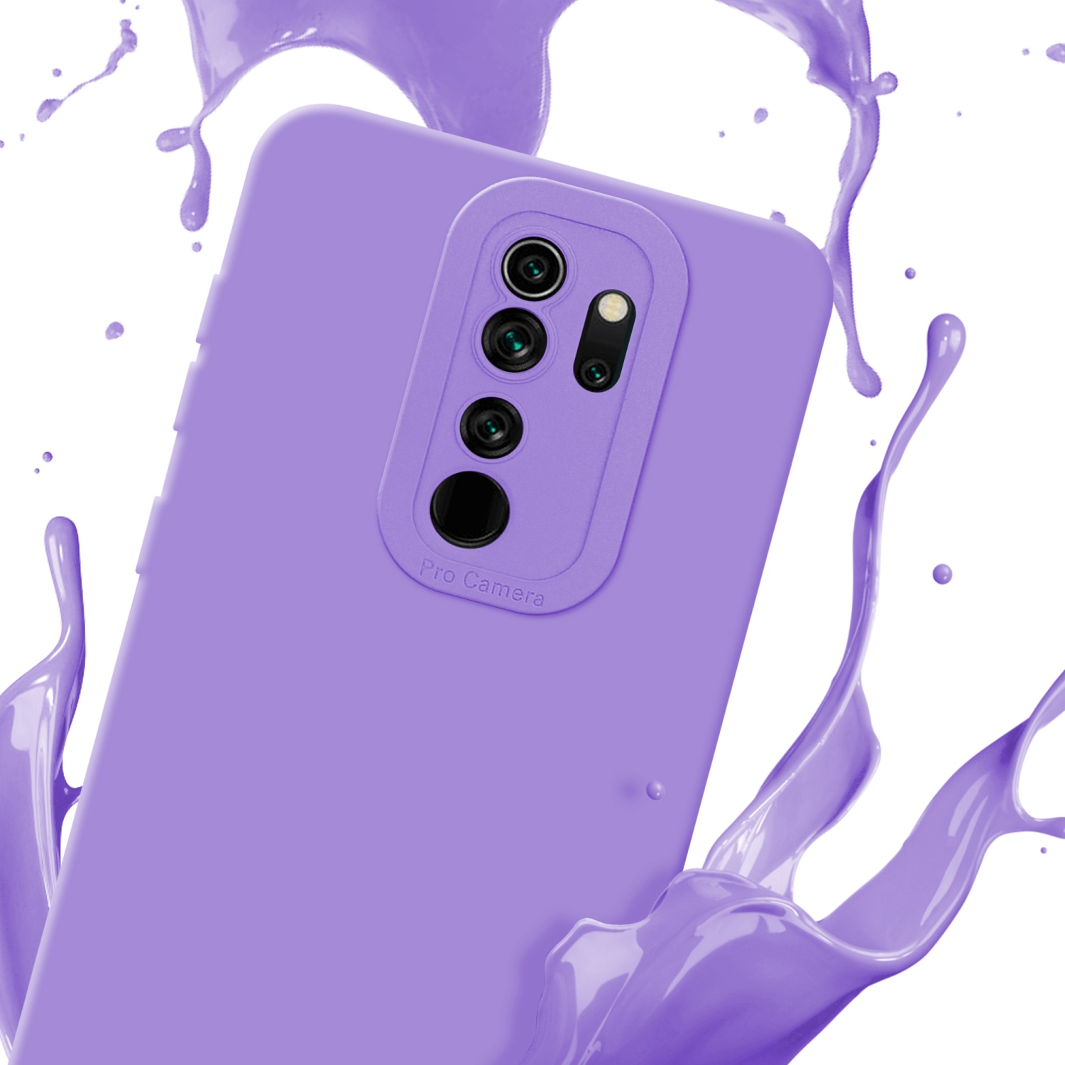 Custodia viola con design a tripla fotocamera, circondata da liquido viola.