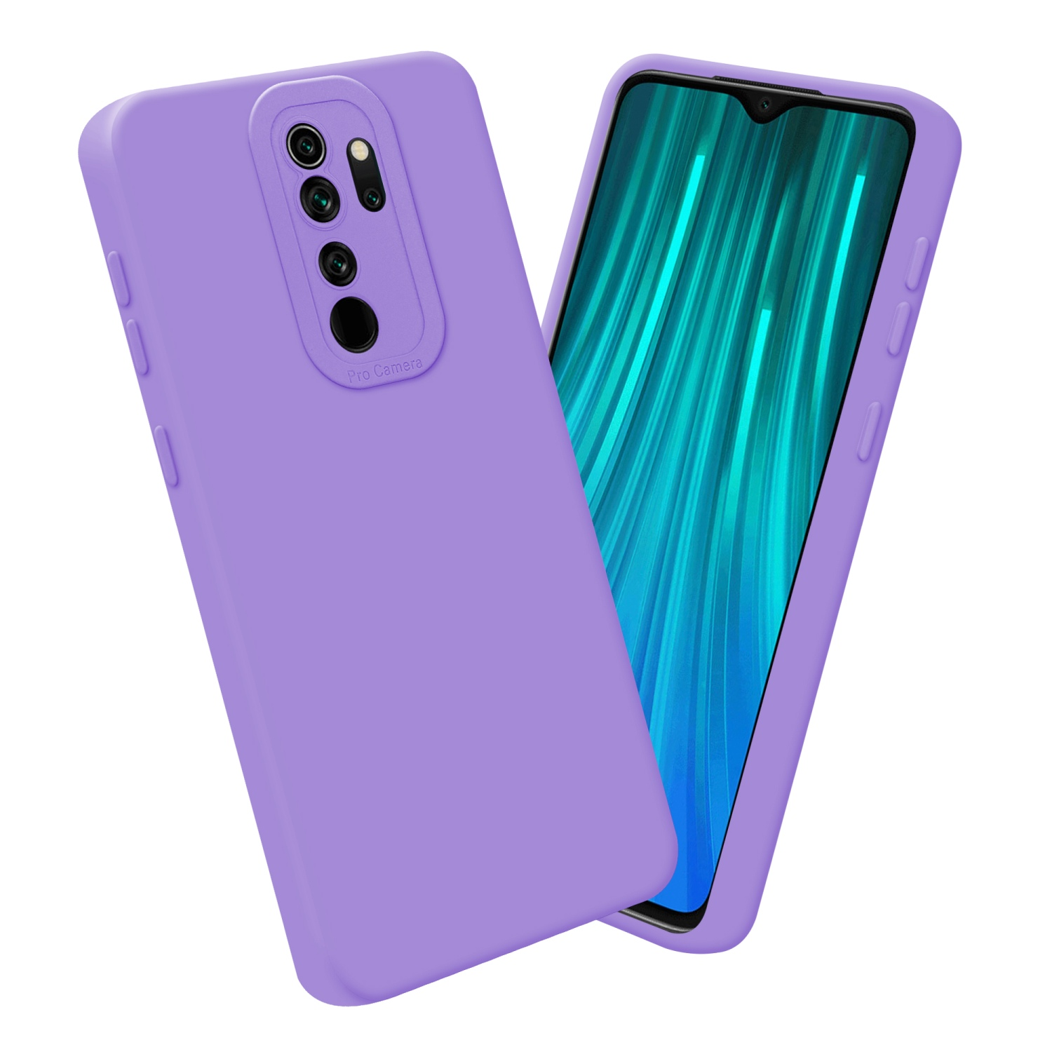 Una custodia per telefono viola su sfondo bianco. La custodia è accanto a un telefono con schermo verde e blu.