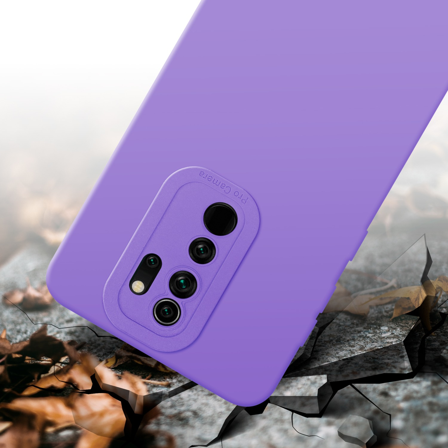 Custodia viola con rilievo della fotocamera su superficie incrinata.