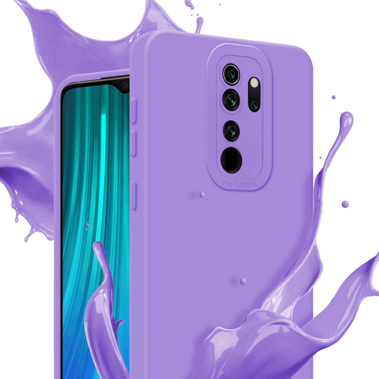 Una custodia viola per telefono con schizzi di vernice viola intorno al telefono e alla fotocamera.