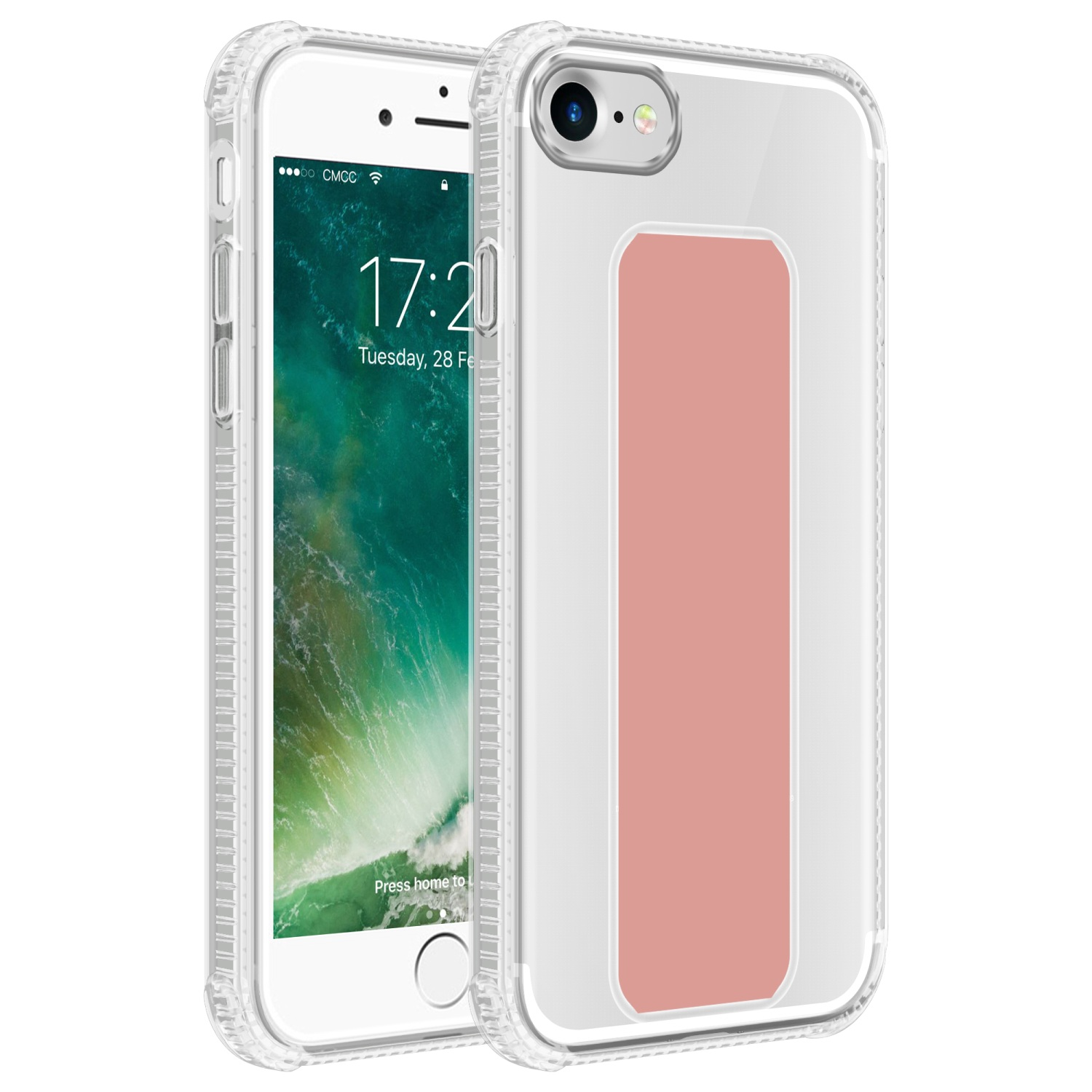 Transparente Handyhülle und Handy. Handy hat rosa Rechteck. Hülle hat rosa Rechteck. Handy ist weiß.