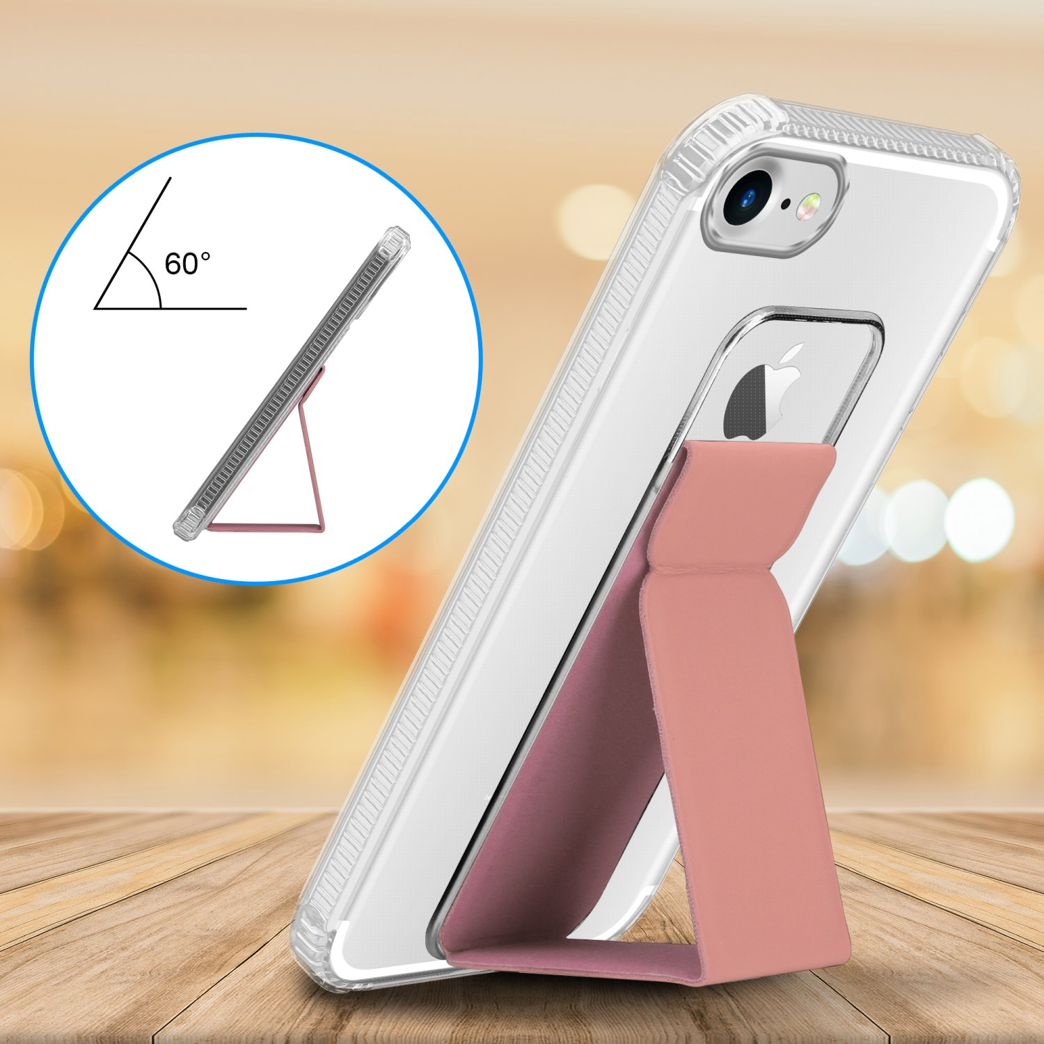 Transparente Handyhülle mit rosa Ständer. Das Telefon neigt sich in einem 60-Grad-Winkel, mit unscharfem Hintergrund.