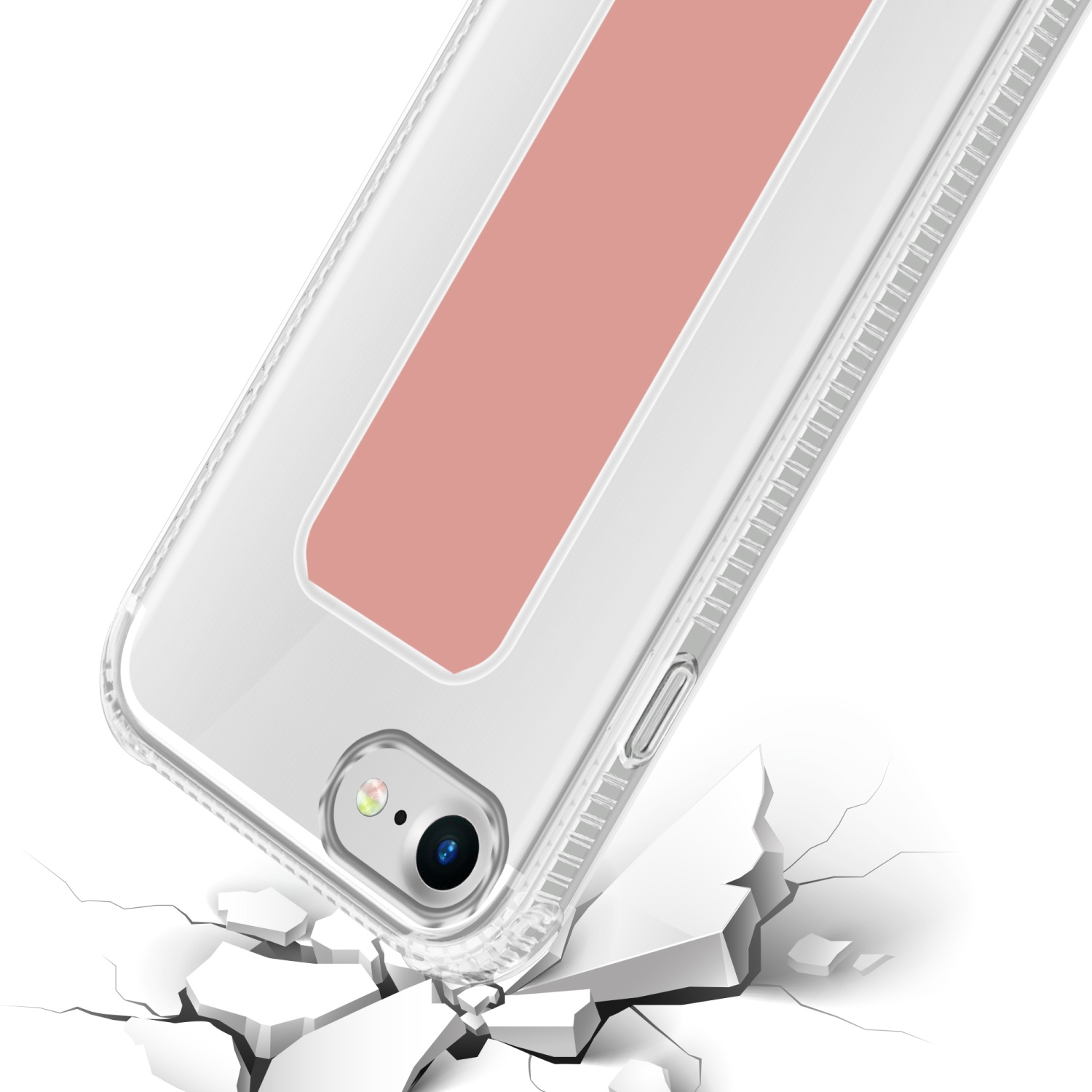 Transparente Handyhülle mit pinkfarbenem Griff, die auf einer rissigen weißen Oberfläche zerbricht. Die Kamera ist sichtbar.