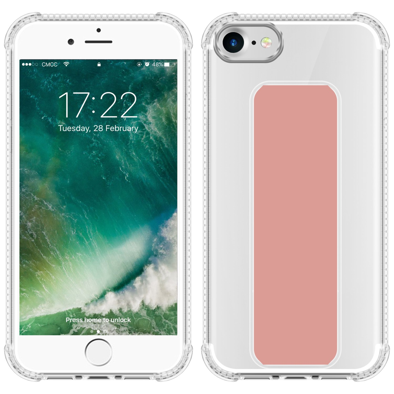 Zwei Smartphones in transparenten Hüllen. Eines zeigt Zeit und Datum, das andere ein rosa Band.