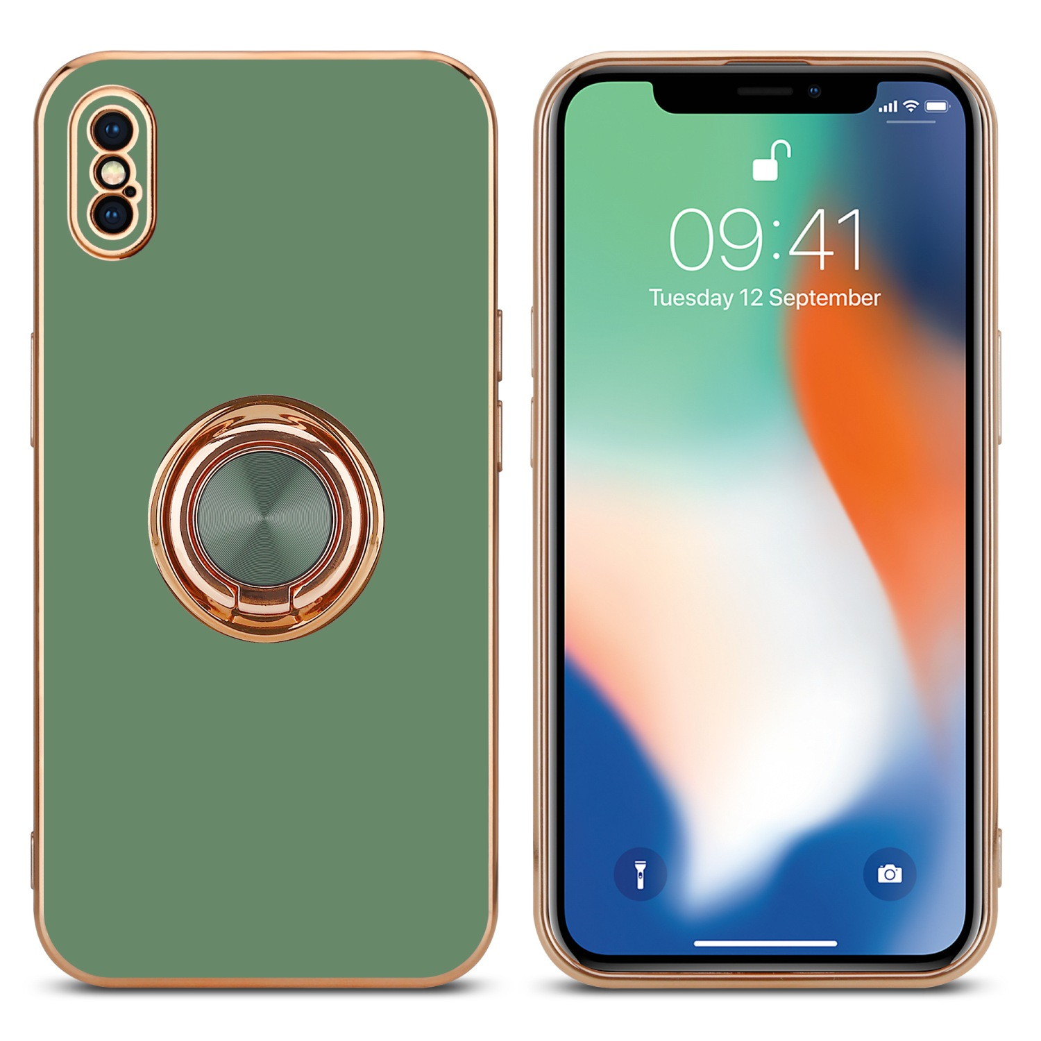 Grüne Handyhülle mit goldenen Akzenten. Rechts zeigt der Bildschirm Uhrzeit und Symbole.