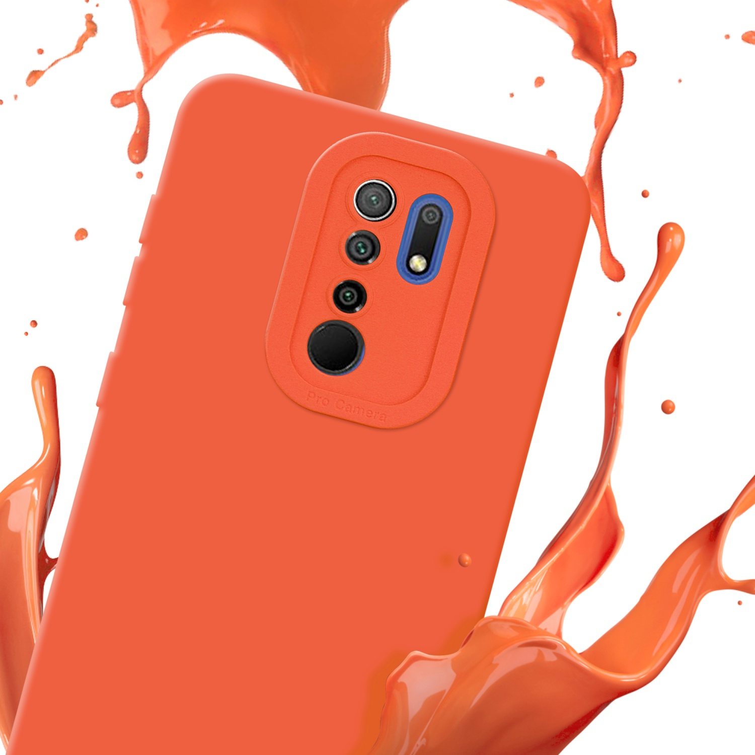 Un étui de téléphone orange avec une bosse pour l'appareil photo est présenté. Des éclaboussures de peinture orange autour.
