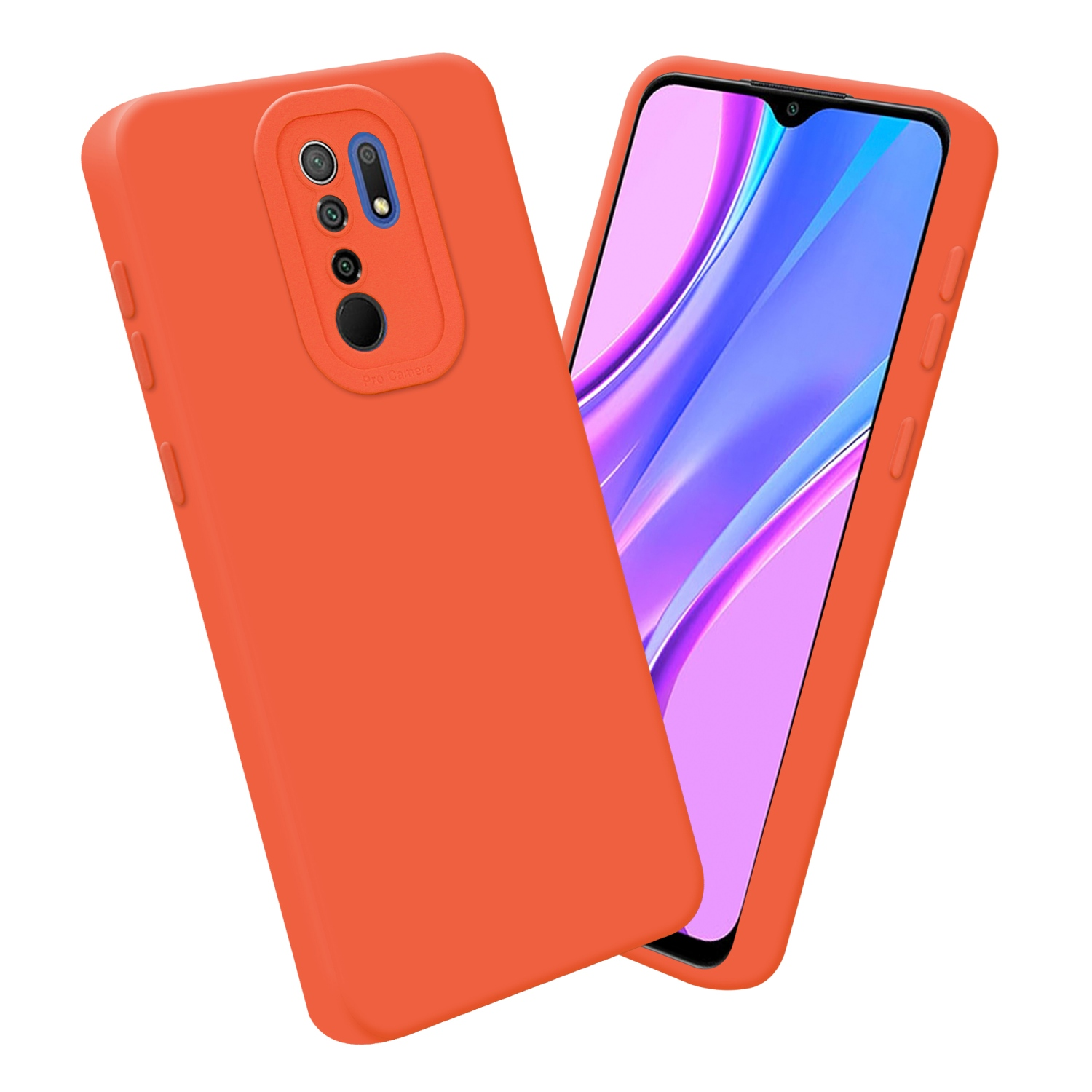 Coque de téléphone et smartphone orange, vue en angle. L'écran affiche des couleurs vives.