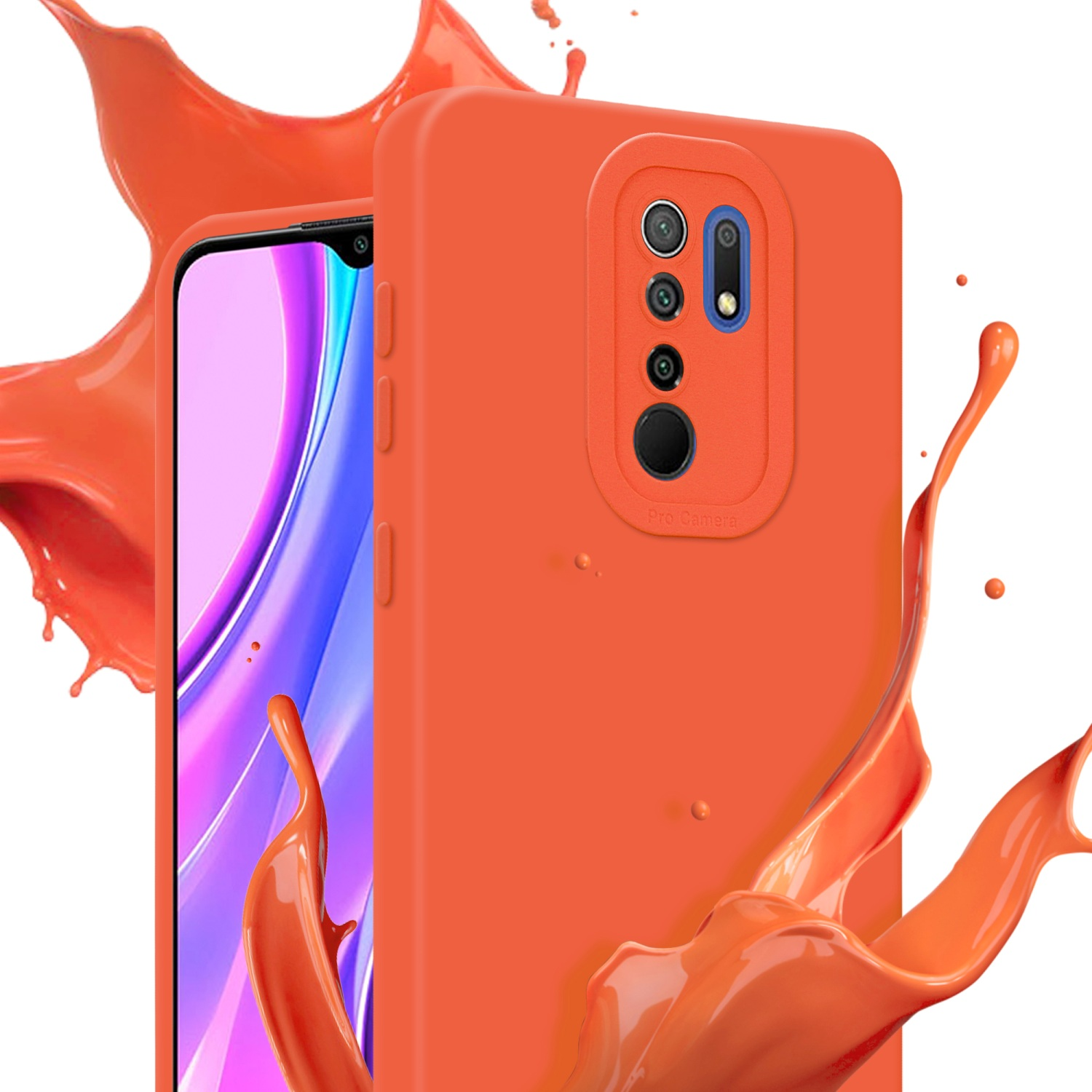 Coque de téléphone orange avec protection de caméra. Éclaboussures colorées en arrière-plan. Écran du téléphone visible.