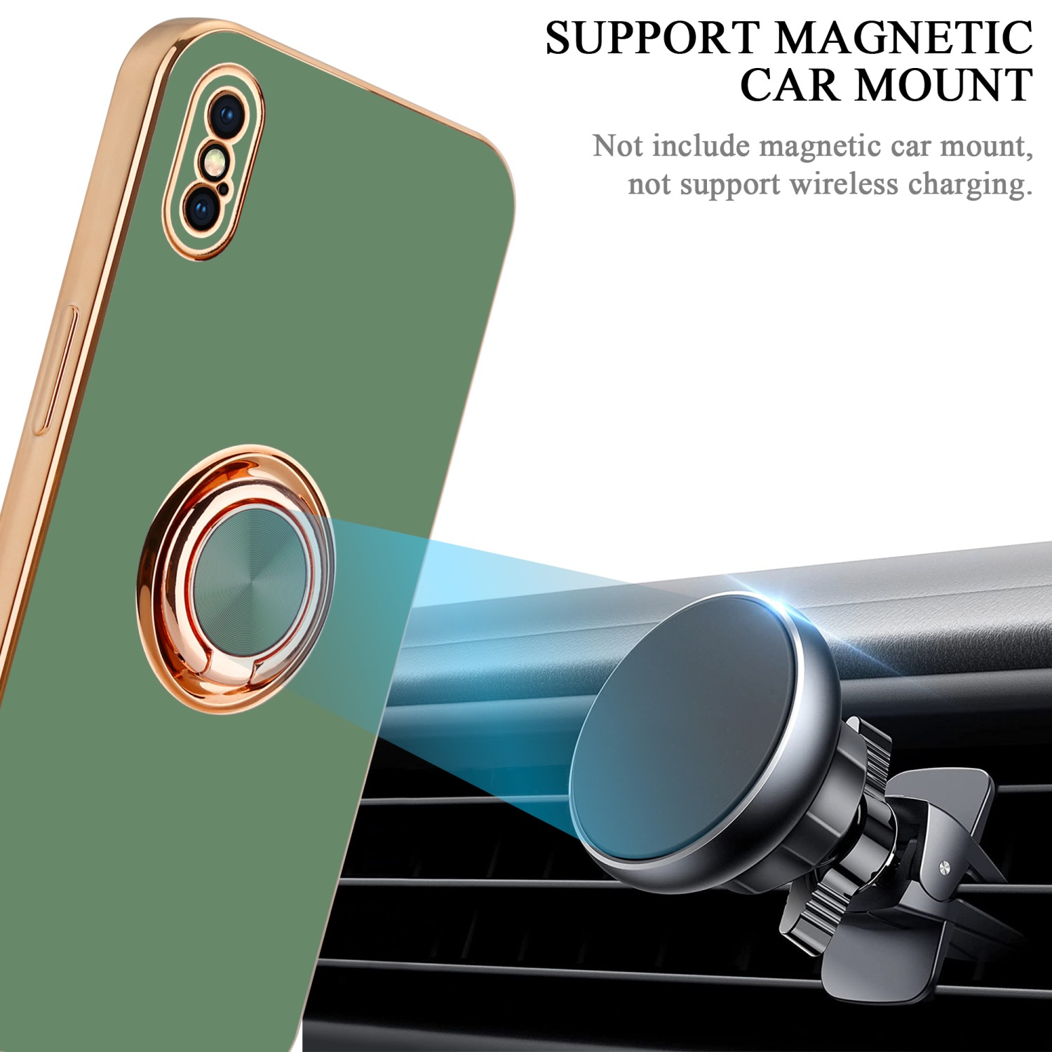 Grünes Telefon mit Ringhalterung und Autohalterung. Lüftungsschlitz im Hintergrund. Text: 'Unterstützt magnetische Autohalterung'.