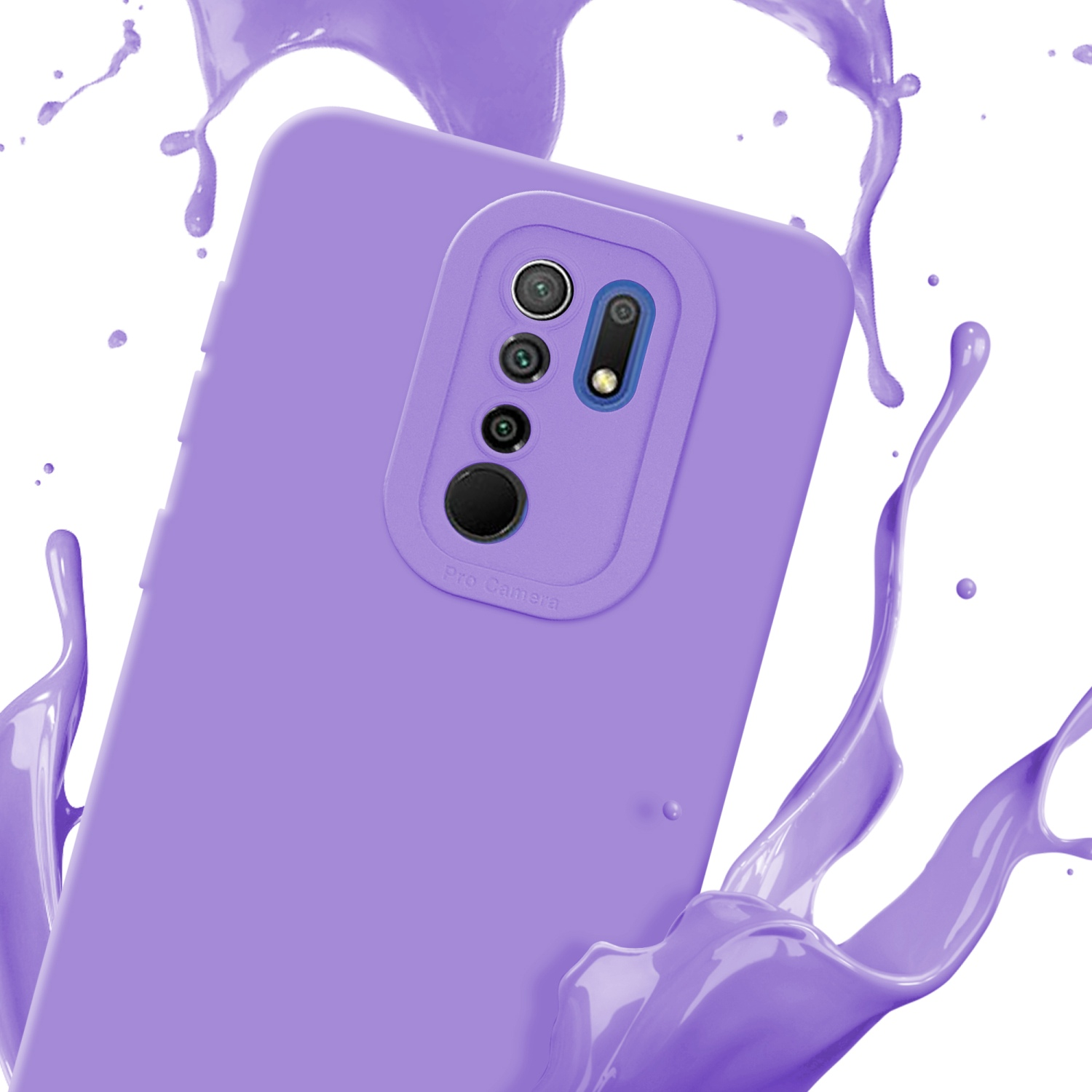 Une coque de téléphone violette avec des éclaboussures de liquide violet autour. La coque a un design de caméra pro.