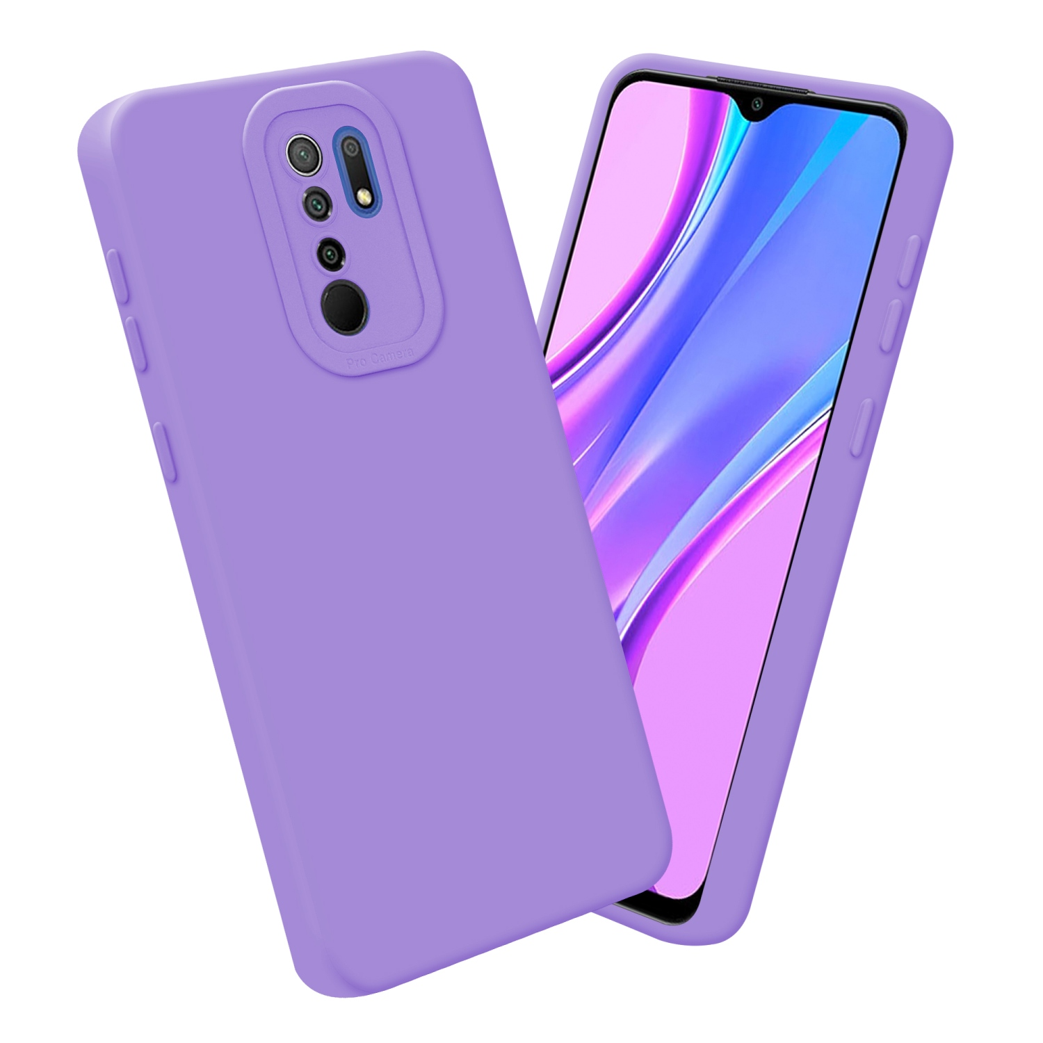 Un téléphone dans un étui violet, légèrement incliné. Le téléphone a un écran et des découpes pour la caméra. Fond blanc.