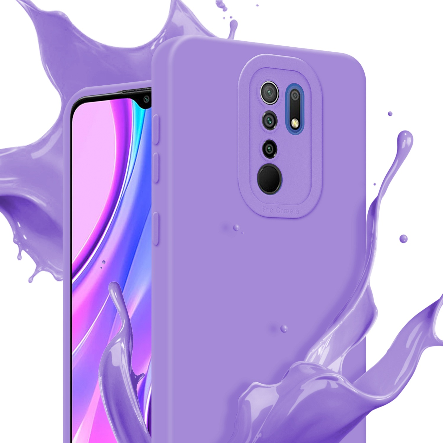 Coque de téléphone violette avec bosse caméra, éclaboussures de liquide violet.
