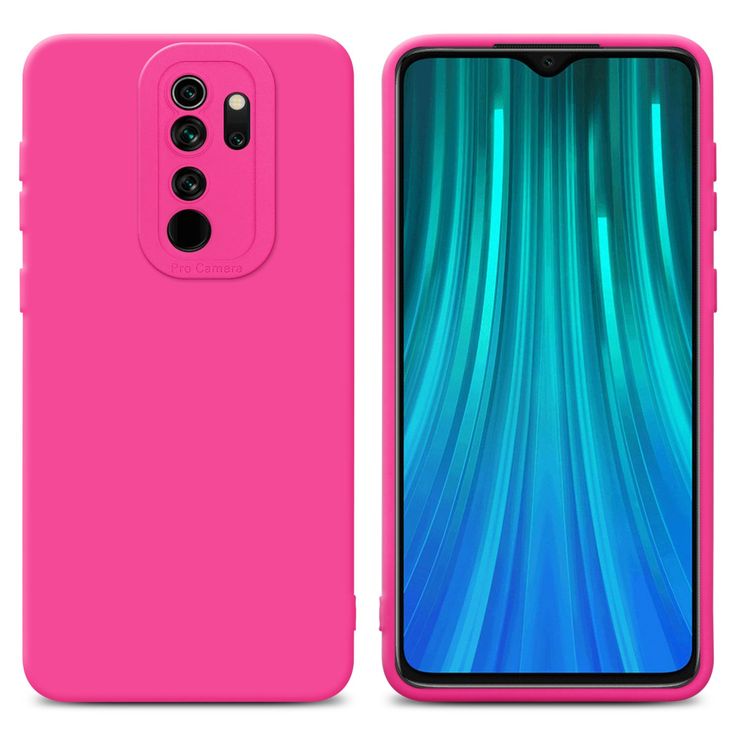 Custodia e telefono rosa, su una superficie bianca. Mostra lo schermo del telefono.
