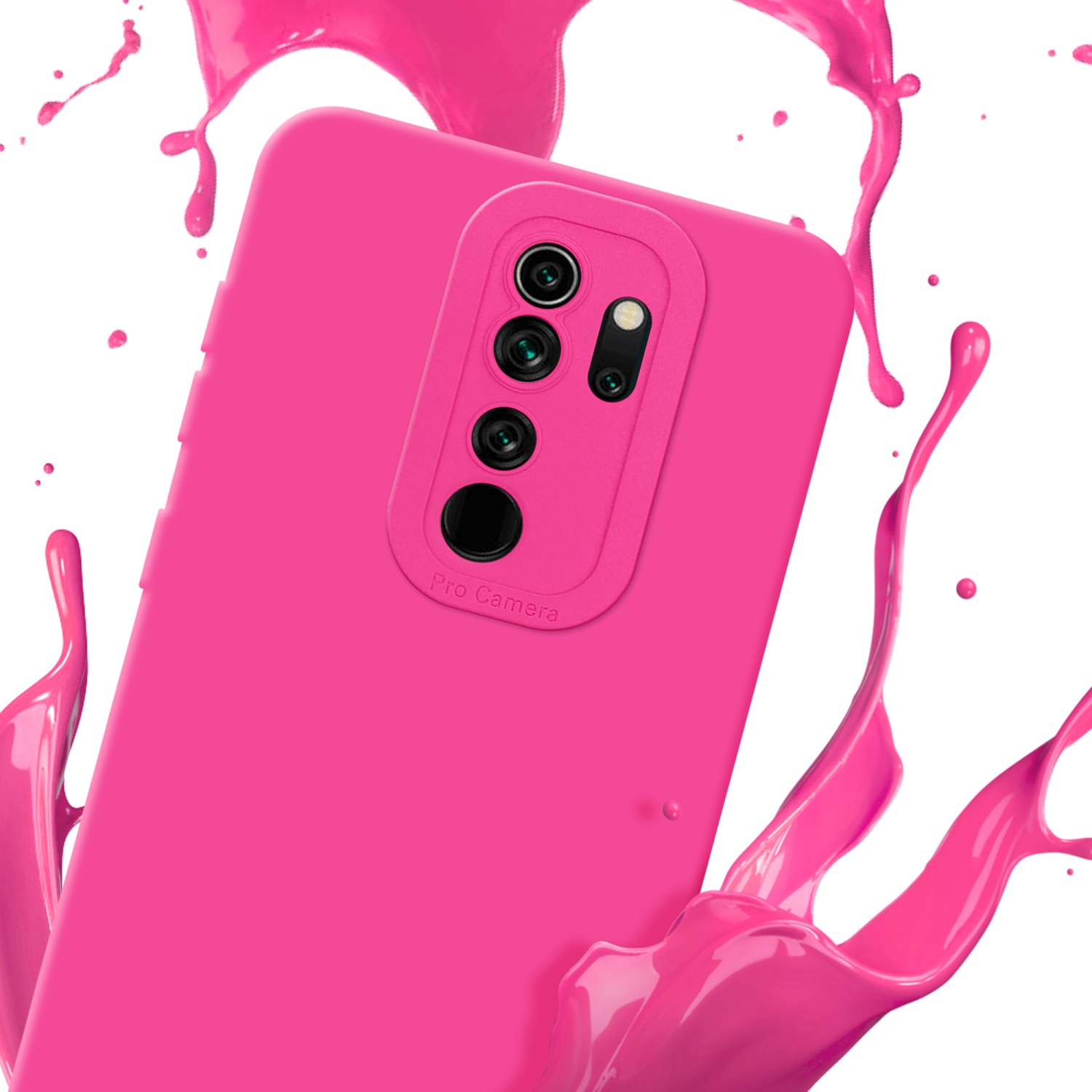 Custodia per telefono rosa con schizzi di vernice rossa. Sfondo bianco.