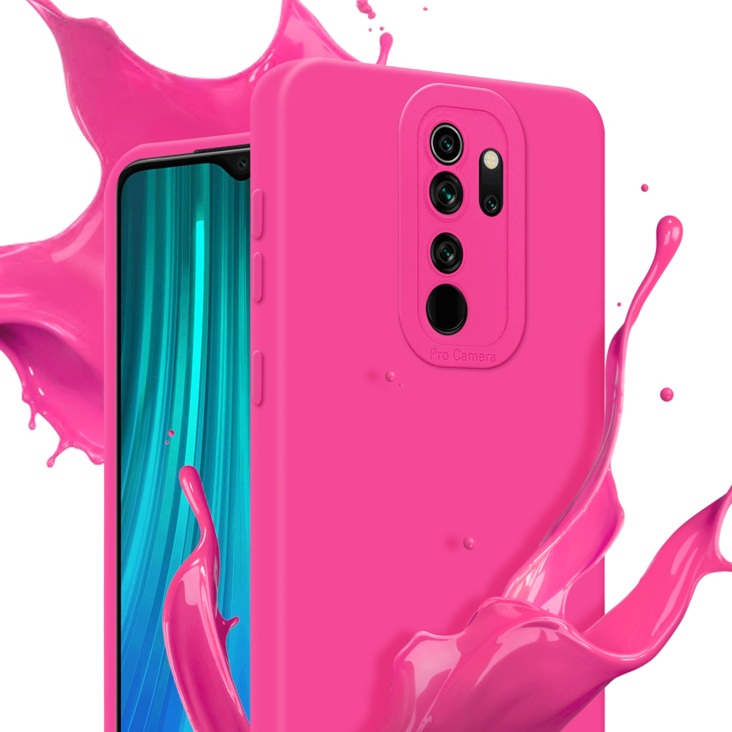 Un telefono rosa in una custodia rosa con uno spruzzo rosa brillante. La custodia copre la sezione della fotocamera.