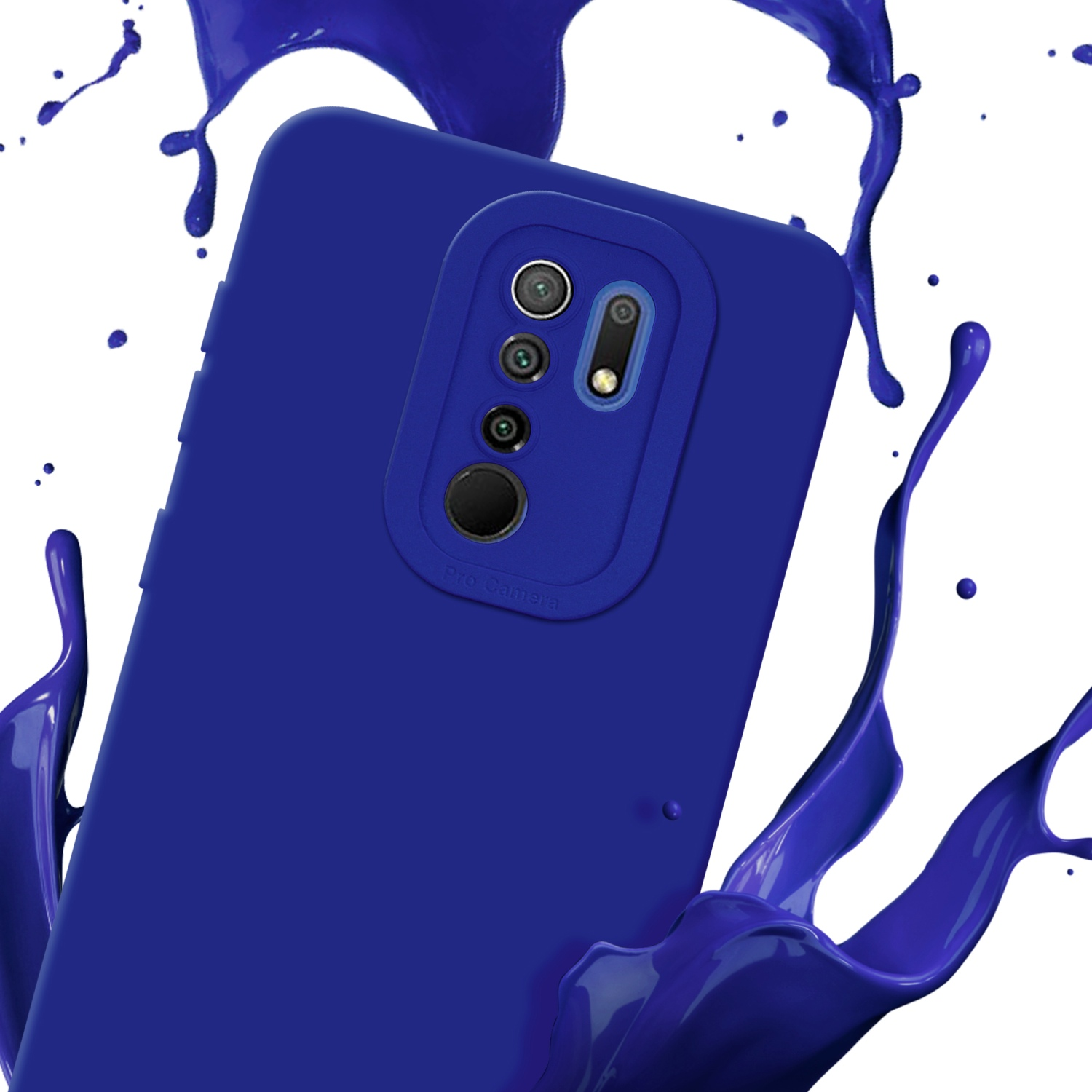 Fotocamere del telefono a fuoco, con schizzo di vernice blu e una custodia blu. Sfondo bianco. Testo Pro Camera.