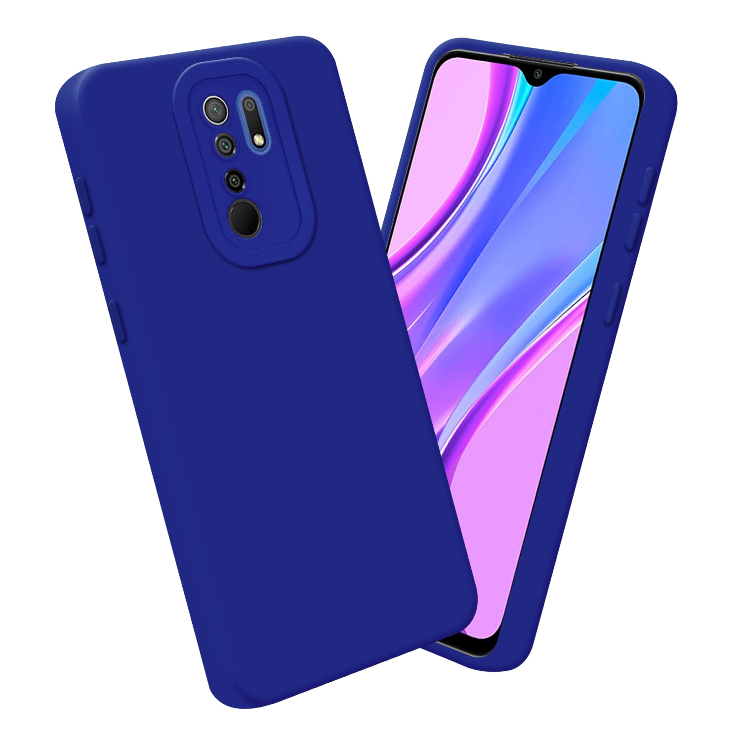 Custodia blu per telefono con un telefono all'interno. Mostra la parte anteriore e posteriore del telefono con la custodia.