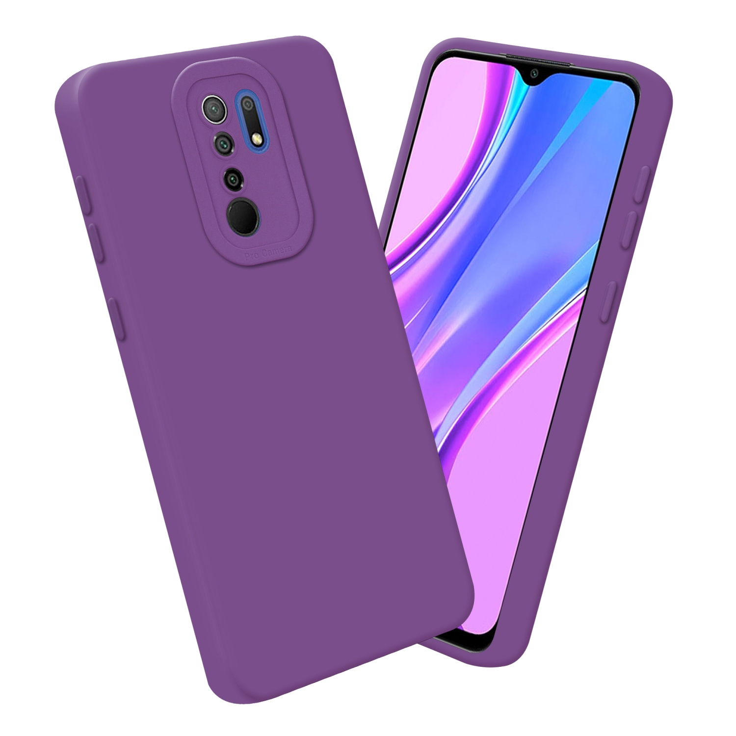 Una custodia per telefono viola con protuberanza della fotocamera e schermo del telefono. Sfondo bianco.