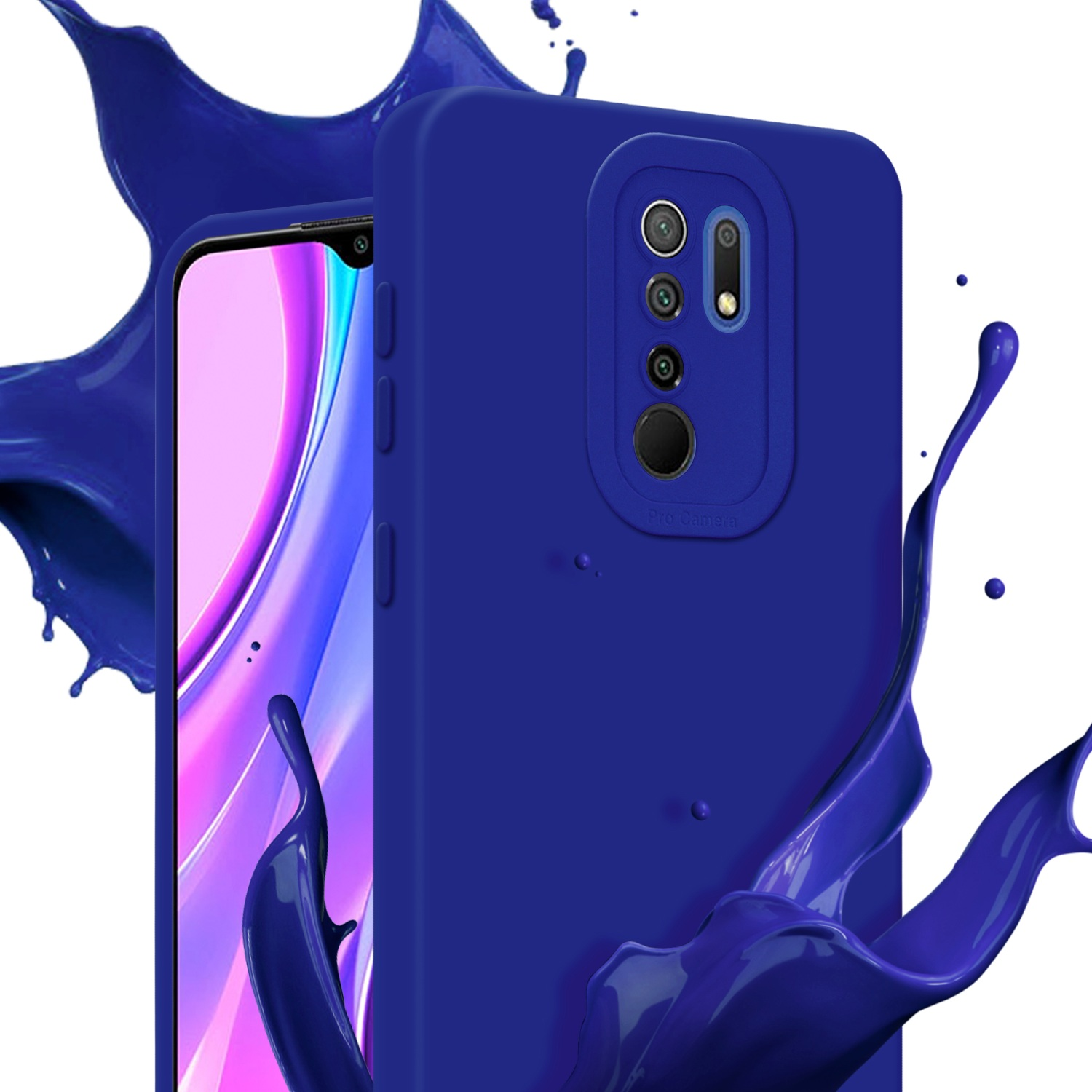 Una custodia per telefono blu scuro è mostrata davanti a un telefono con uno schermo colorato e spruzzi di vernice blu.