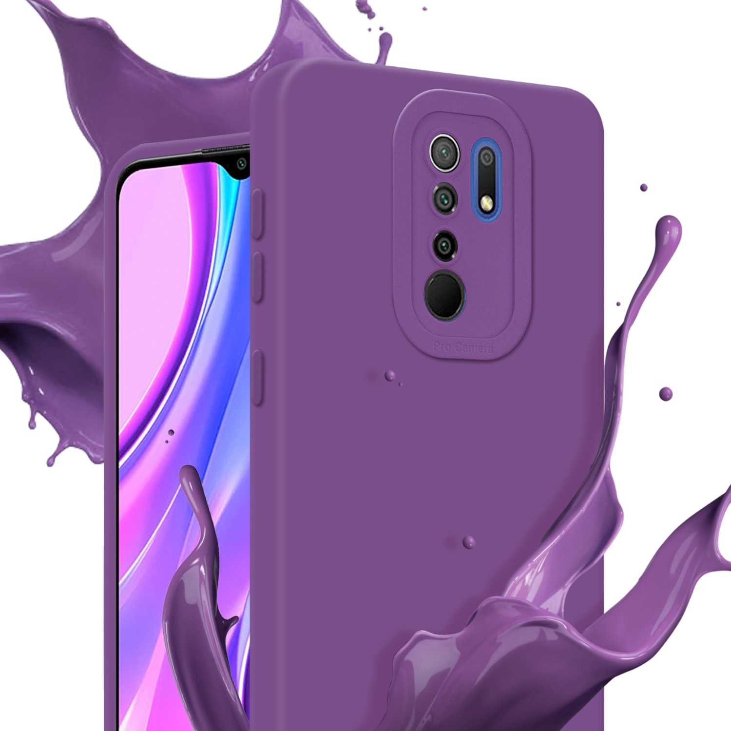 Custodia per telefono viola con lenti della fotocamera. Schizzi di vernice viola attorno.