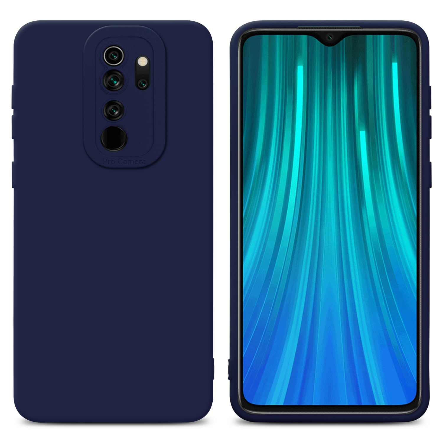 Custodia per telefono blu scuro con protuberanza della fotocamera. Lo schermo del telefono è visibile.