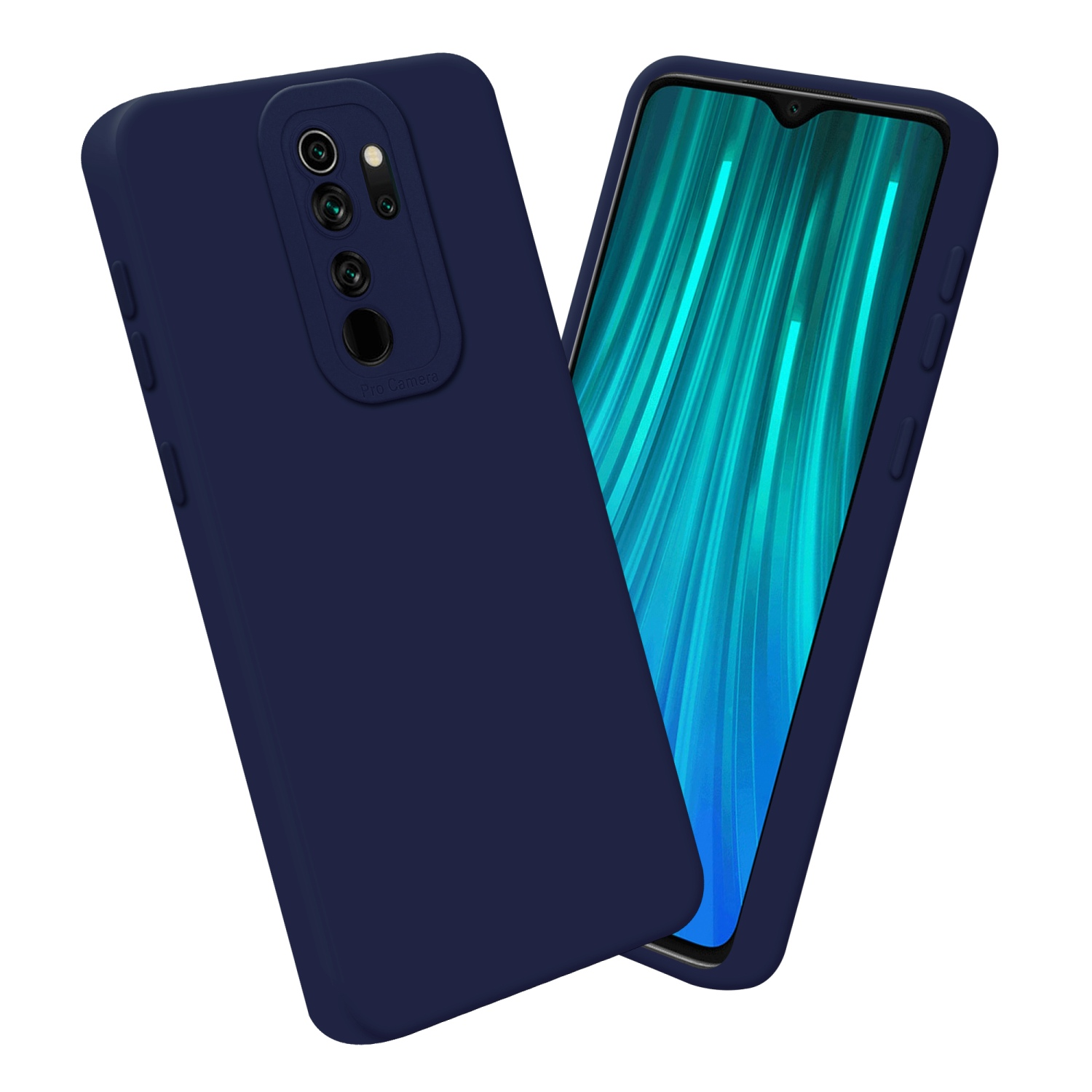 Custodia per telefono blu navy, che mostra il telefono all'interno, con fotocamera e schermo.