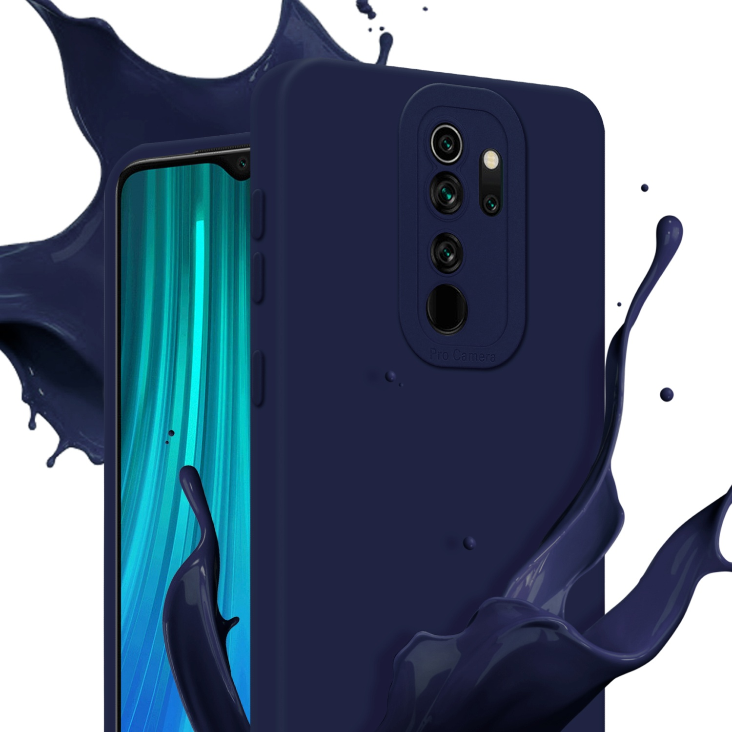 Una custodia per telefono viene mostrata con uno schizzo di vernice. La custodia è di colore blu scuro.