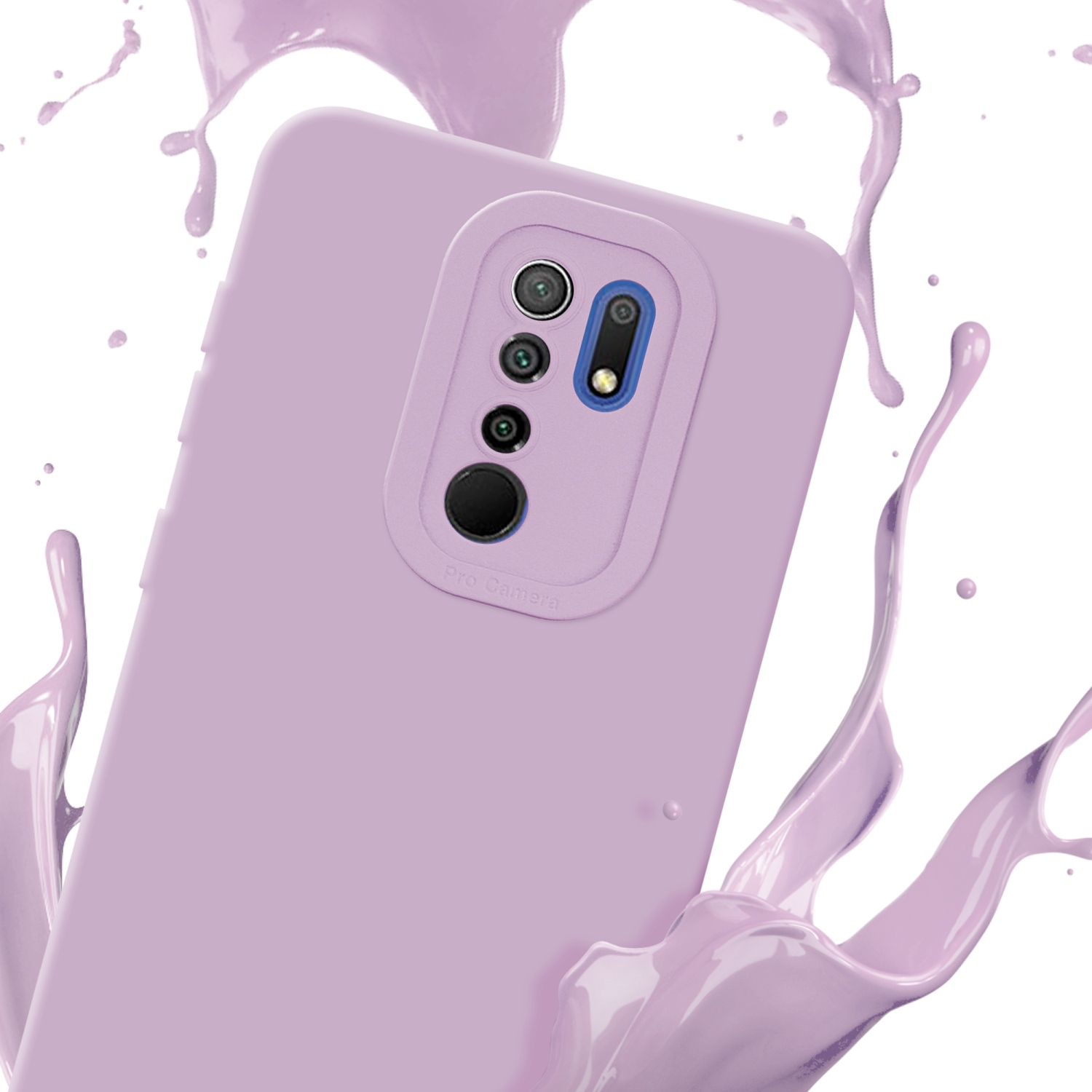 Custodia per telefono viola con ritagli per fotocamera, circondata da schizzi di liquido viola.