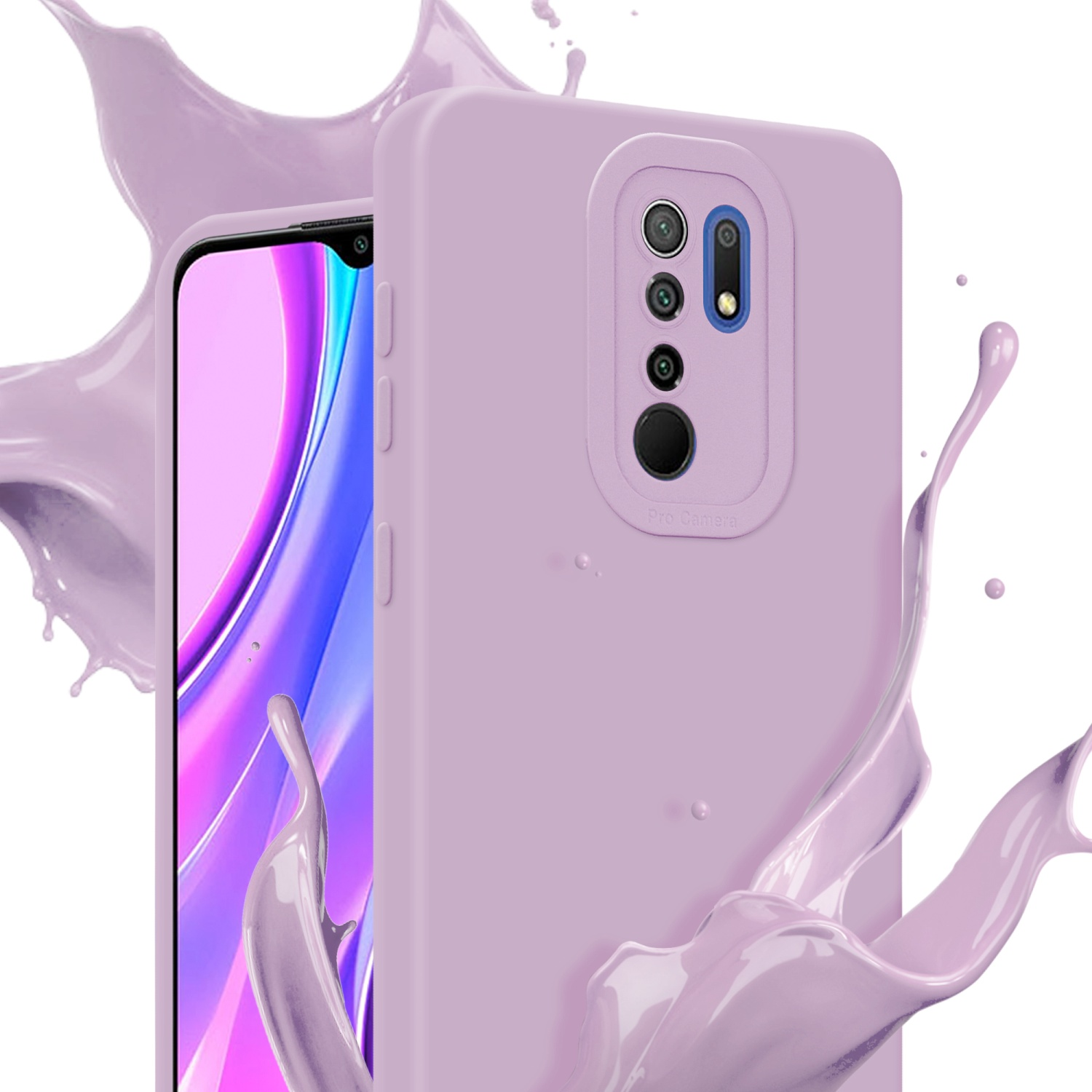 Custodia viola con schizzi. Lo schermo del telefono è visibile. Etichetta Pro Camera presente.