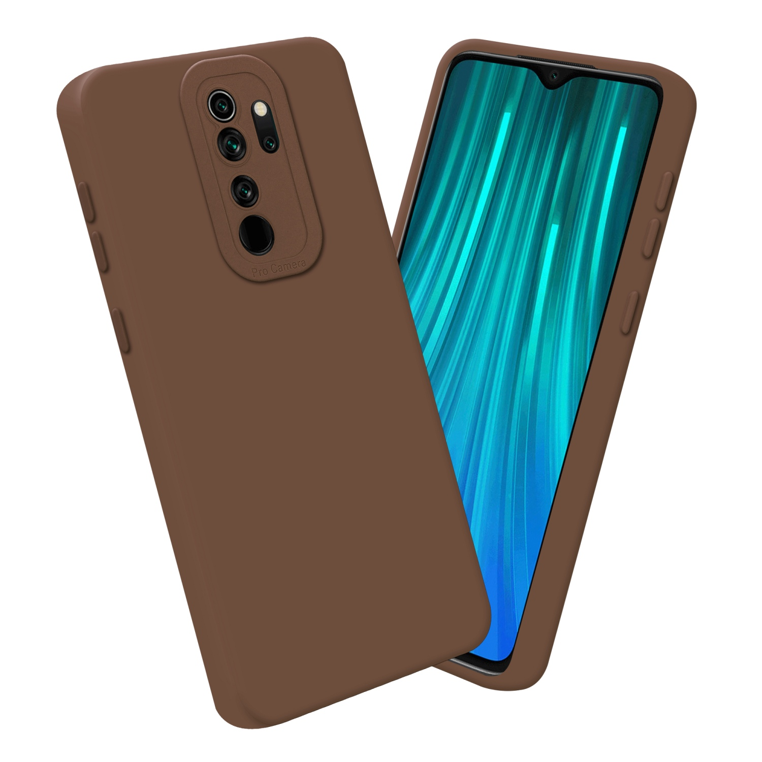 Custodia marrone con obiettivi della fotocamera e schermo del telefono con interfaccia.