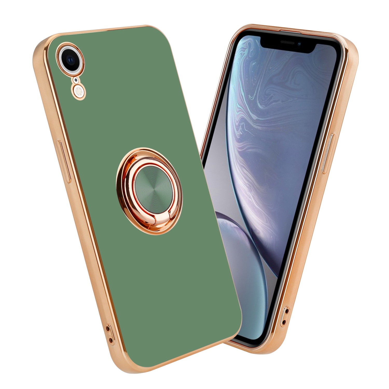 Grüne Handyhülle mit goldfarbenem Rand und einem Ringhalter, mit dem Telefon rechts.