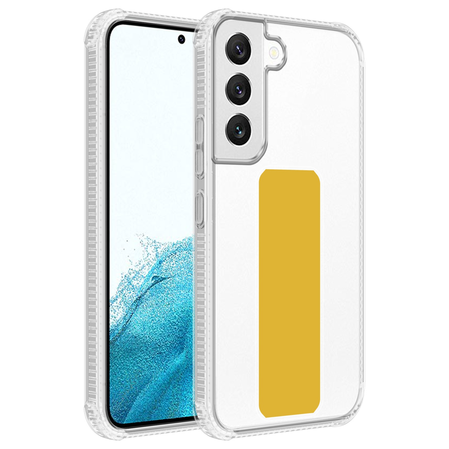Transparente Handyhülle mit gelbem Rechteck. Telefon innen. Weißer Hintergrund.